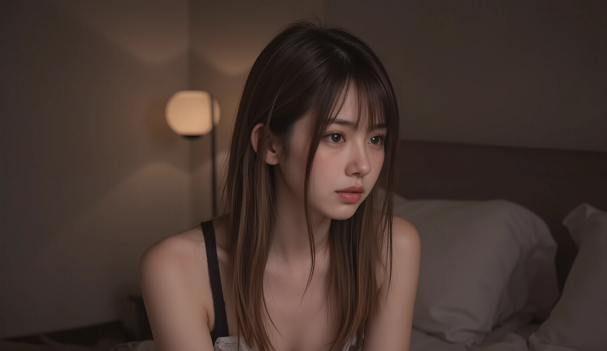 a woman in a dim bedroom, looking anxious as if worried her lie is about to be exposed
subtle guilt and fear in her expression, eyes slightly lowered, lips pressed together nervously
warm bedside light, quiet tense atmosphere
shoulders slightly drawn in, uneasy posture, sitting on the bed
realistic photography, only one woman, clean composition