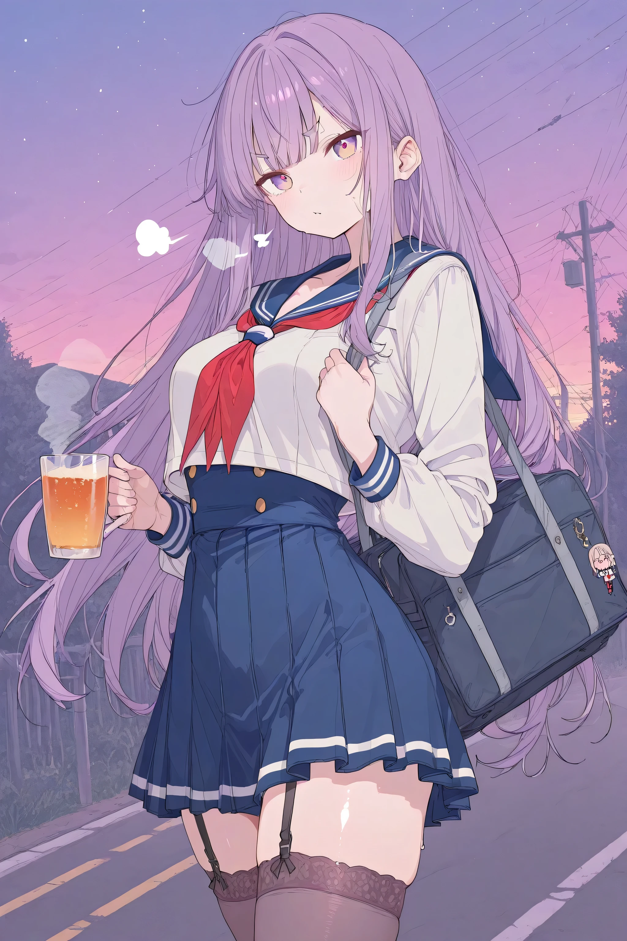 one girl、A girl with a troubled face、sailor suit、sunrise sky、trouble eyebrows、 sigh、bothersome expression、School Road、healthy skin、A cup、stockings、School bag、long hair
Upper body only composition(1:7)、high image quality、high definition、4K、this way