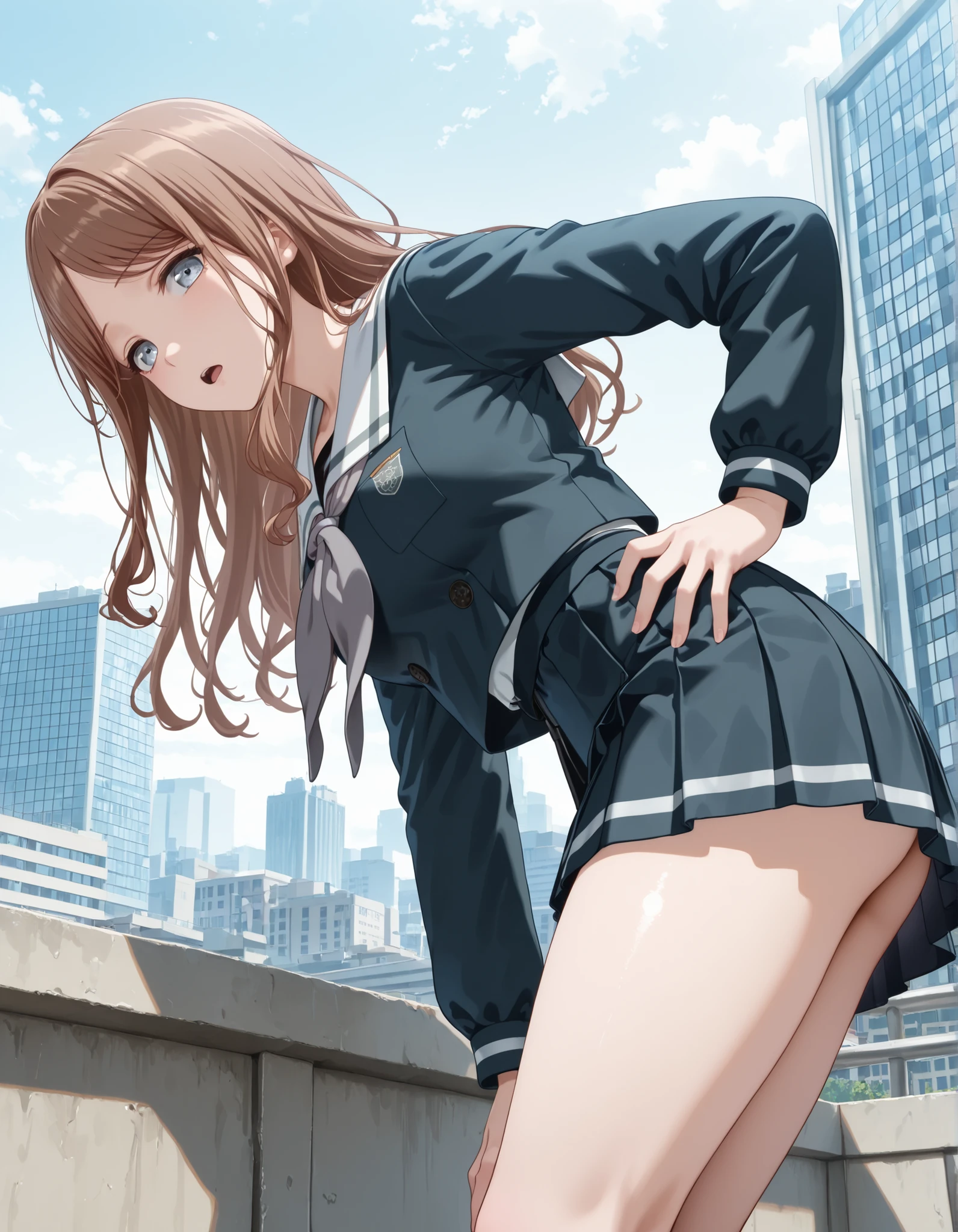upper body, from below, ((from side)), ((leaning forward)), masterpiece, best quality, amazing quality, outdoors, cityscape, background,
1girl, looking at viewer, hand on own hips, open mouth,
(( nagasaki soyo, 1girl, solo, school uniform, serafuku, long sleeves, pleated skirt, standing, white sailor collar, grey neckerchief,)), ((mini skirt)),((thighs)),