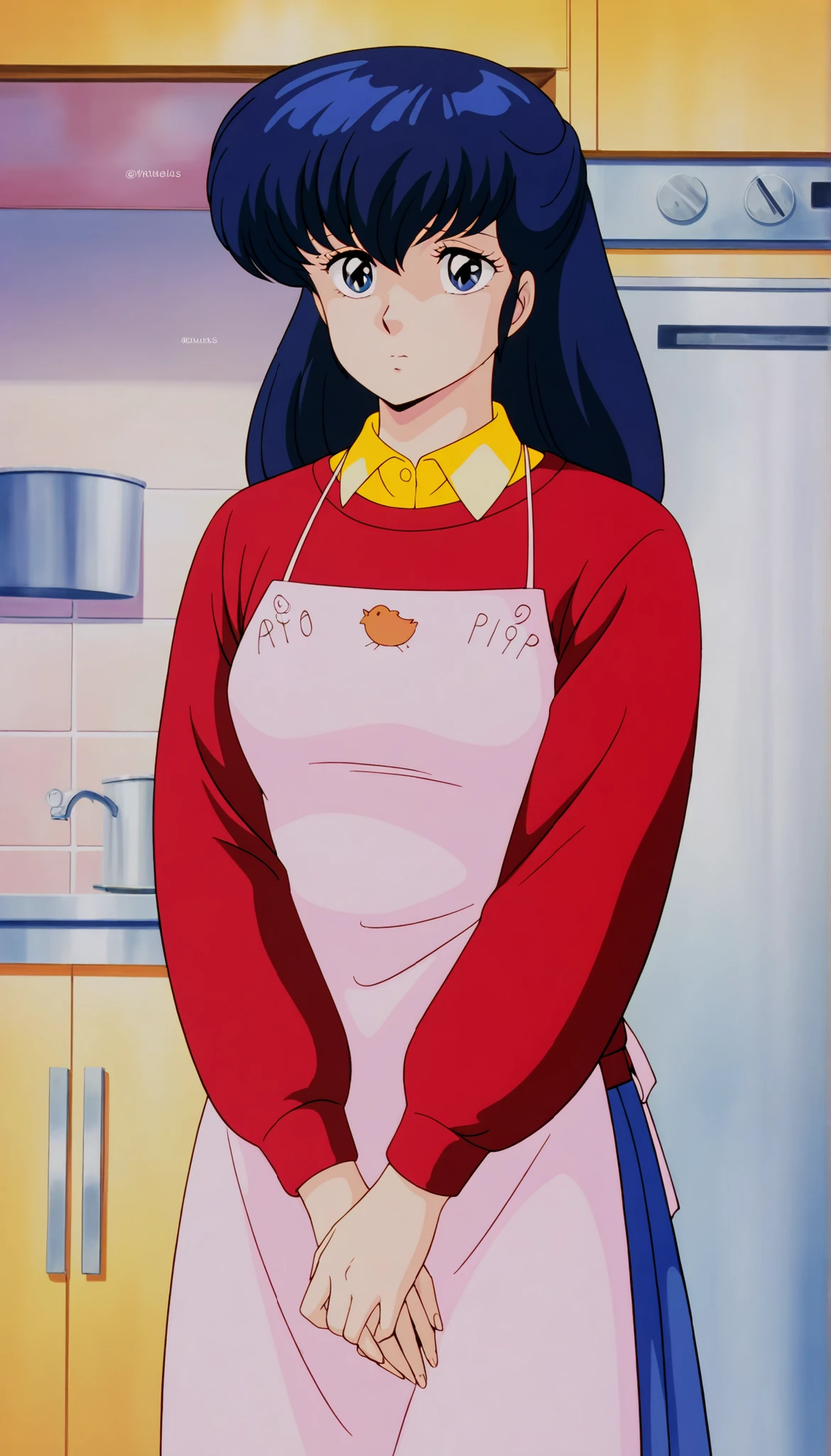 clean, {{scan}}, {{{masterpiece}}}, {{{high quality}}}, {{{animated}}}, anime colored, {{{official art}}}, perfect body, perfect face, extreme detail, perfect anatomy, intricate, retro 1980s, (highly detailed), solo, 1girl ,(beautiful details:1.3), perfect eyes, perfect hands, masterpiece,best quality,amazing quality,、otonashi Kyoko, blue hair, long hair,  ,  best quality ,  Good quality   , ,Alone, ,, red sweater, yellow shirt under red sweater, blue long skirt, Apron , A A feeling of tenderness and compassion ,compassionate_  , sad Eyes blue shinny , cute _  jealous  , solo. Facing toward viewer, Slim Figur 