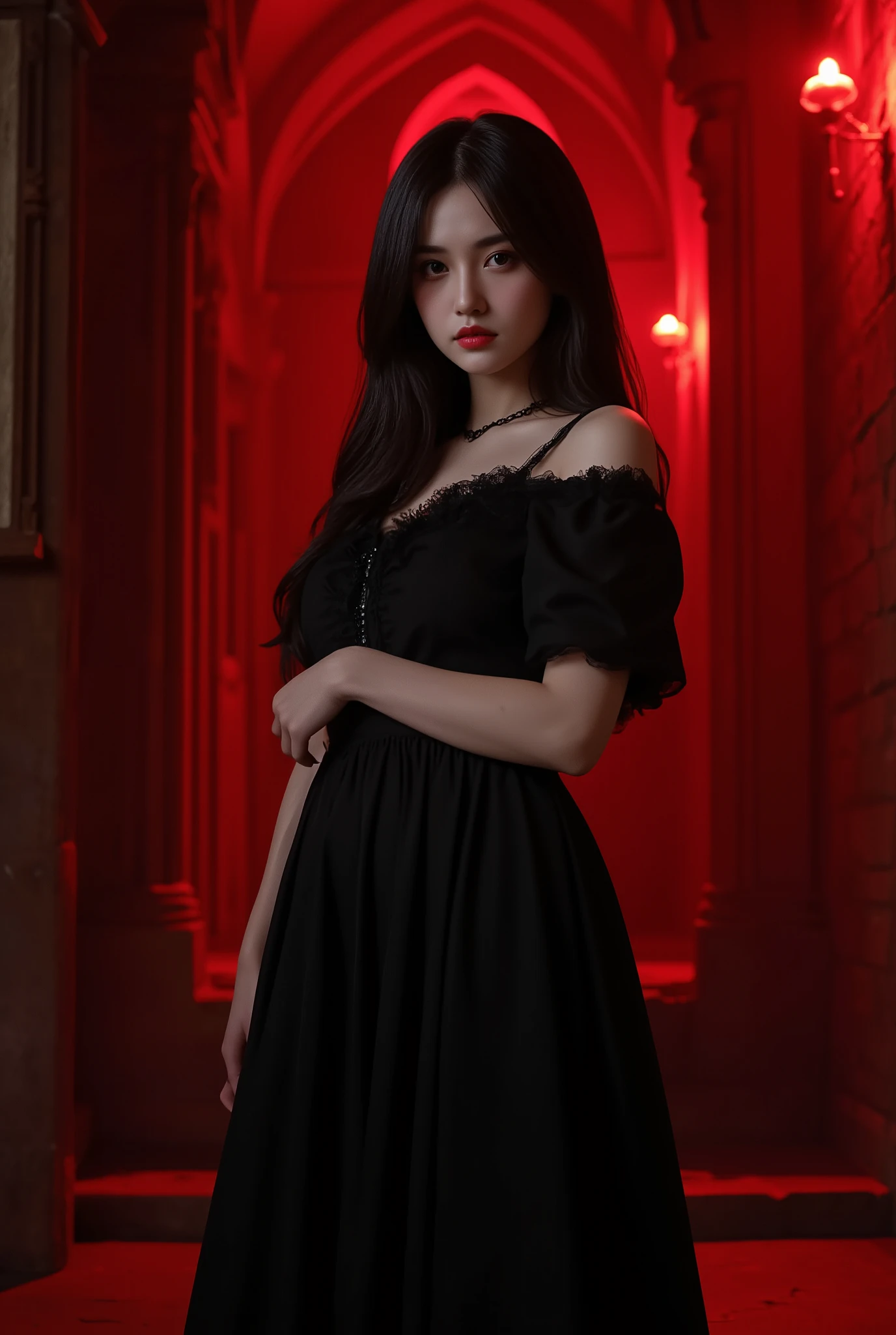 A female vampire character with long wavy black hair. She is in a Gothic castle with red lights and is wearing a black Gothic dress