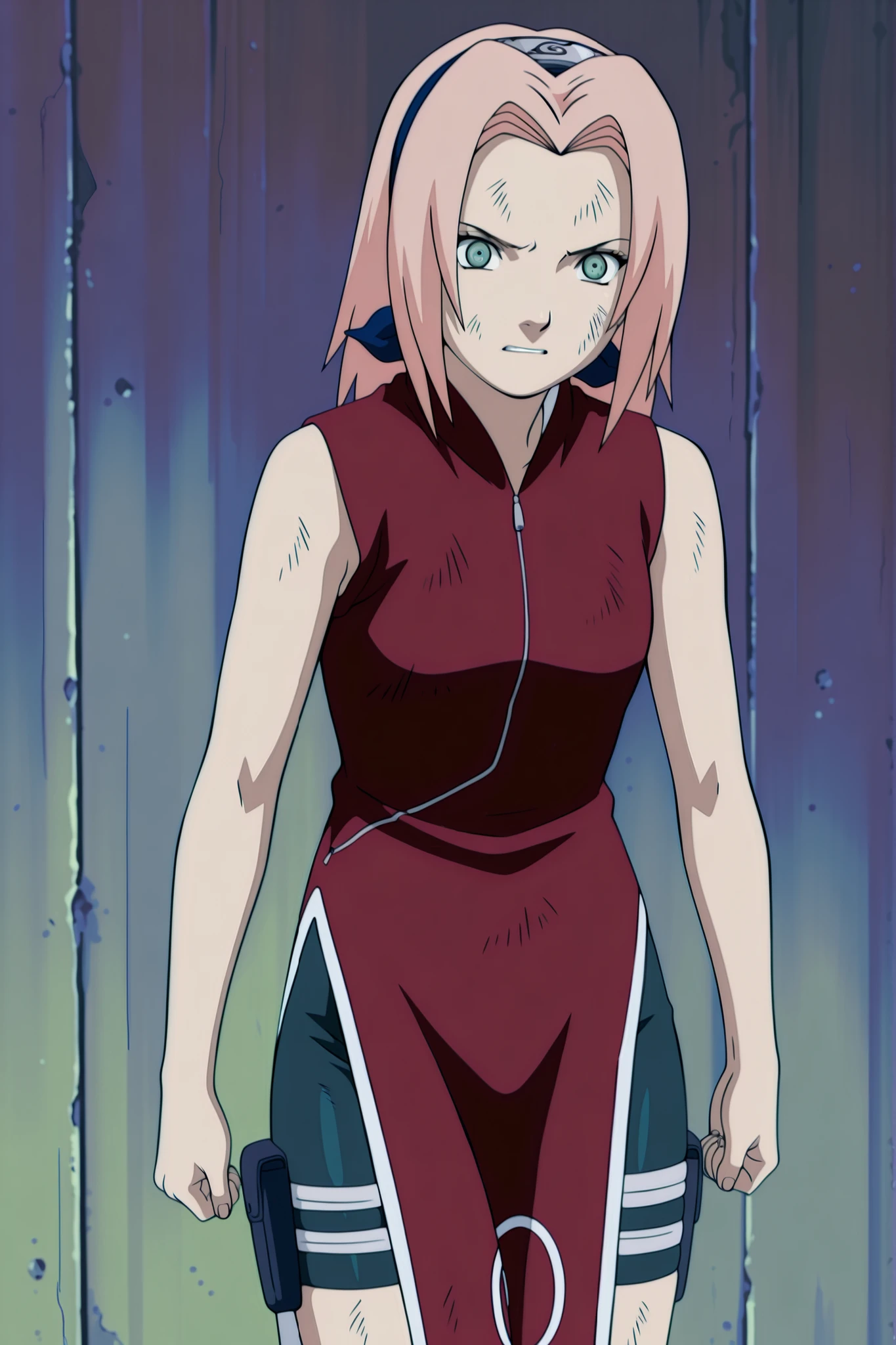 Haruno Sakura,1girl ,official,,bike shorts ,Fearful Expression, soft thighs