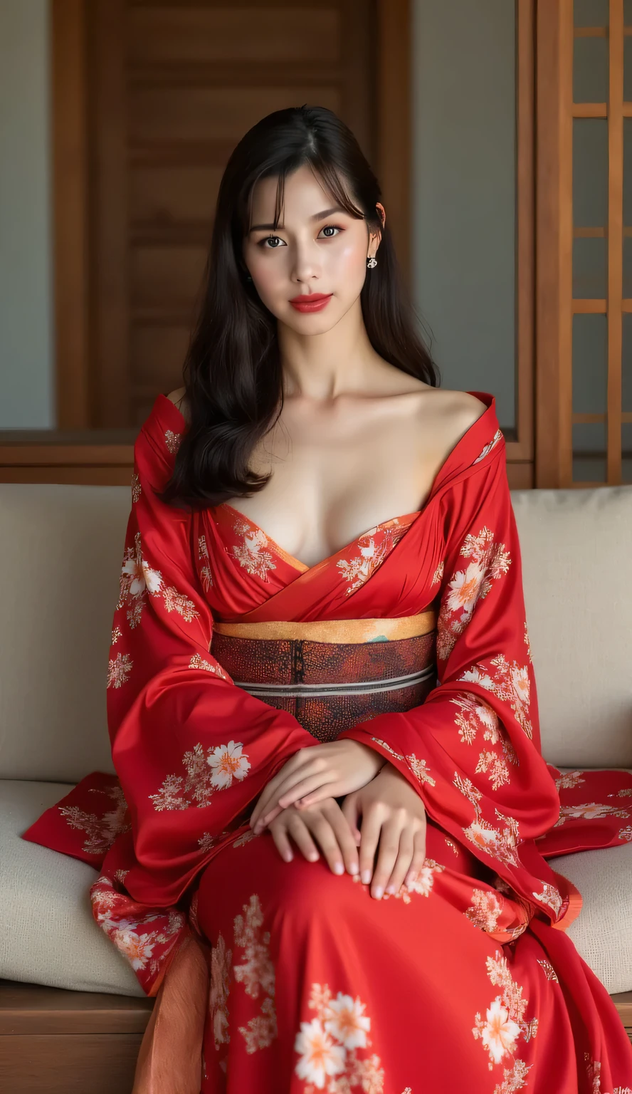 A woman sits strapping in the living room of a japanese model,  body facing the camera,  Use red floral print kimono,  payudara besar,  bibir merah