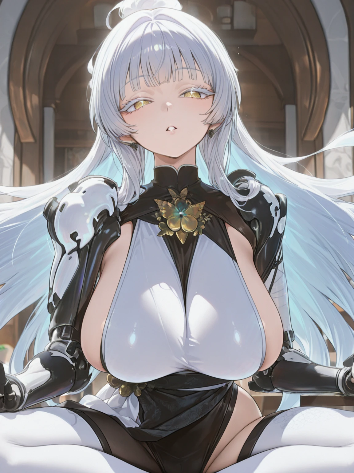 nsfw, masterpiece, extra limbs, 1lady, 25 years old, silver extra long hair, silver pubic hair, slant red eyes, big pointy breasts large areolas, muscle, serious, contrappo stobreast hold, knight 