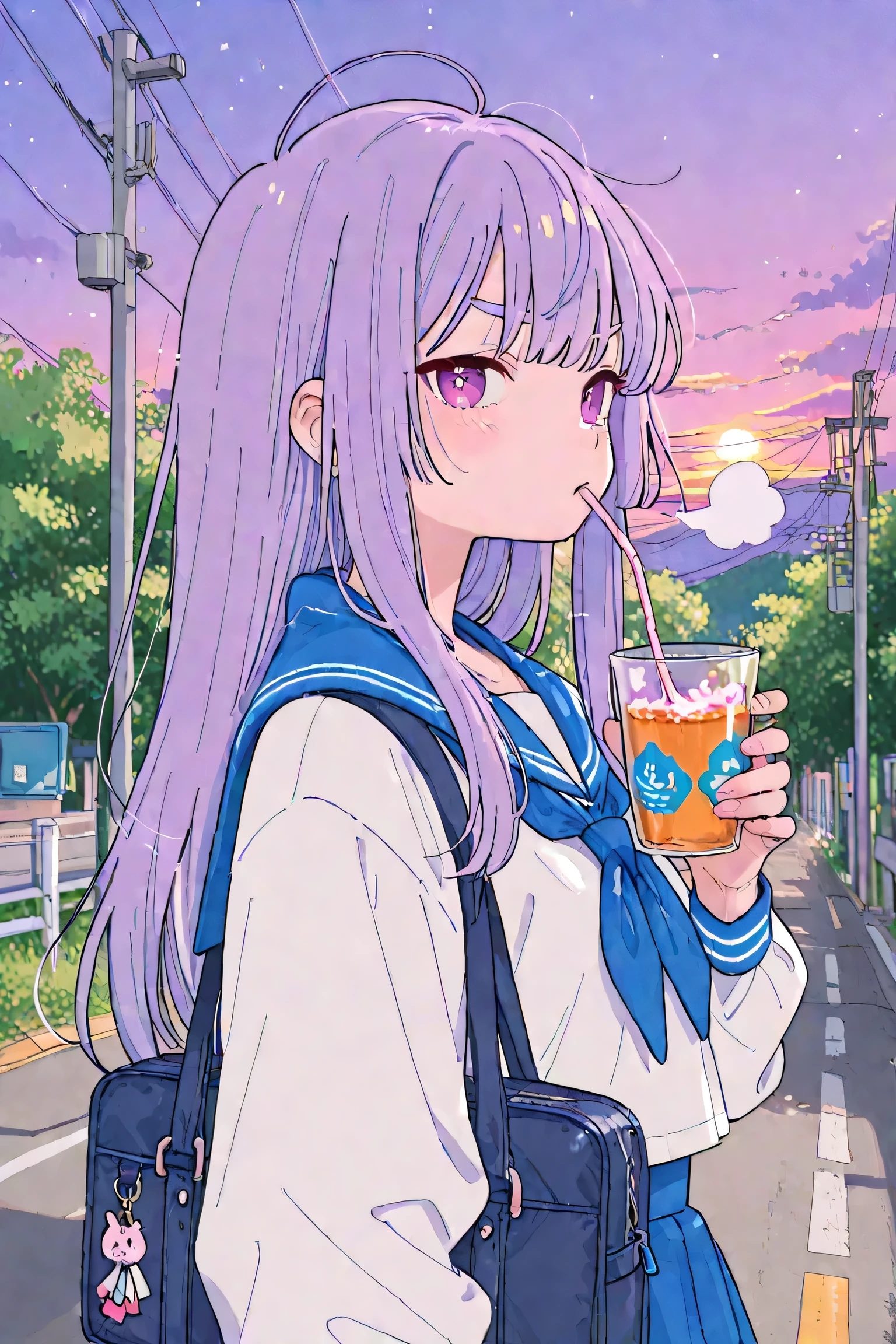 one girl、A girl with a troubled face、sailor suit、sunrise sky、trouble eyebrows、 sigh、bothersome expression、School Road、healthy skin、A cup、stockings、School bag、long hair
Upper body only composition(1:7)、high image quality、high definition、4K、this way