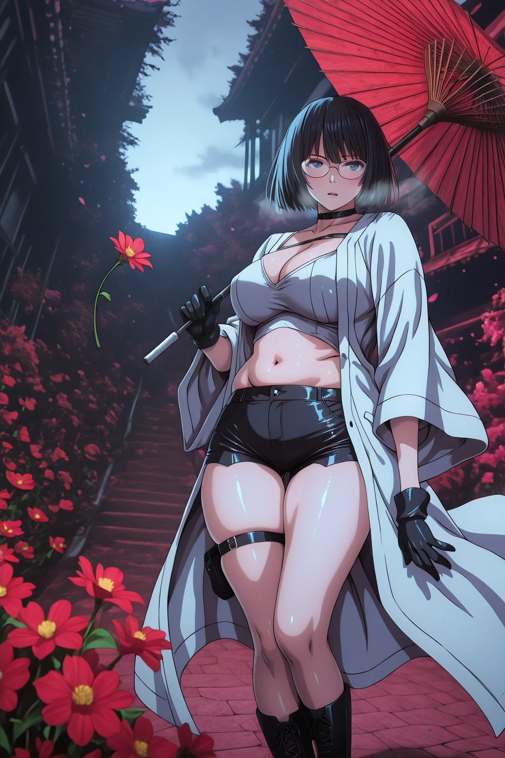 Meteor, Manhwa, L_Cation2, babu-style, Hgk, (tomose_shunsaku-style:1.5), (jeneral-style:1.2), (zonda_(solid_air)-style:1.4), (saintshiro-style:1.3), (kagematsuri-style:1.1), ((anime coloring, anime screencap)), shiny skin, Hand drawn, cinematic, Sharp focus, humorous illustration, big depth of field,(cellulite:1.2) Masterpiece, ((cinematic, backlighting)), concept art, trending on artstation, Vivid colors, Simplified style, trending on ArtStation, trending on CGSociety, Intricate, Vibrant colors, Soft Shading, Simplistic Features, Sharp Angles, Playful, (voluptuous body:1.4), (mature female:1.4), ((anatomical correct)), perfect body, perfect eyes, perfect fingers, gasping, heavy breathing, gasping profusely, ((skindentation)), ((curvy, thigh gap)) yuuki karin, short hair, black hair, bob cut, wispy bangs, blue eyes, ((rounded eyewear)), bright pupils, plump, moolight, falling flower, umbrella, alleyway, 1girl, solo, red umbrella, stomach, breasts, black choker, shorts, navel, umbrella, black shorts, midriff, choker, short shorts, standing, gloves, crop top, large breasts, black gloves, holding, thighs, boots, white coat, coat, looking at viewer, oil-paper umbrella, cleavage, holding umbrella, flower, single bare shoulder, black footwear