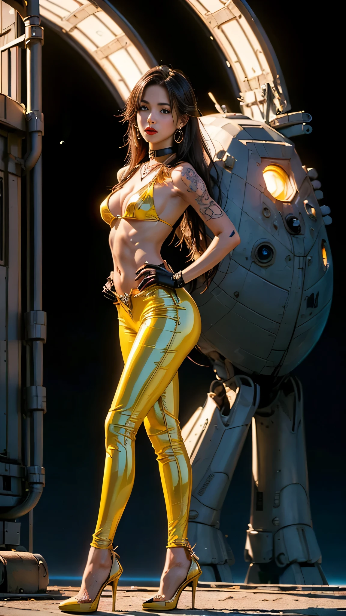 (((low angle shot))), ((1 woman staring at camera in a one piece ultra thin translucent bikini with gorgeous muscular long legs)), ((white gold orange black)), prismatic, reflective, ((ultra perfect flowing hairstyle)), (((huge natural breasts))), ((perfect radiant skin color)), ((super colourful)), (((cinematic sunset gorgeous skies))), (((detailed spaceship background and incredibly sci-fi retro art masterpiece))), (((1:1 scale proportions))), ((science fiction)), ((chrome spaceships)), (((ultra photorealistic realism))), ((Smooth curves, clean lines, streamlined, functional aesthetics, reflective surfaces, integrated lighting, giant floating spaceships, engraved Egyptian and spiritual motifs)), ((acrylic plastic motorcycle))
