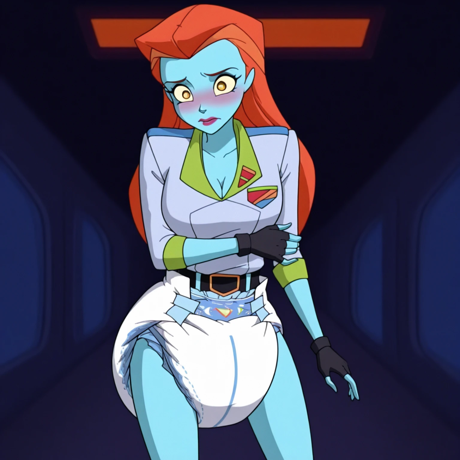 1girl, score_9, score_8_up, score_7_up, masterpiece, high quality, western cartoon, neon lighting, very detailed, depth of field, cinematic illumination, volumetric lighting, full color picture, vibrant colors, solo, alone,
1girl, TriG, dark skin, OTG, orange hair, short hair, orange eyes, orange lips, orange earrings, orange crop top, white elbow gloves, belt, gold buckle on belt, midriff, orange skirt, white thighhighs, white boots, gold ring, zettai ryouiki, makeup, miniskirt,
standing, facing forward, full body, sitting, on floor, dynamic, looking at viewer, spaceship interior,