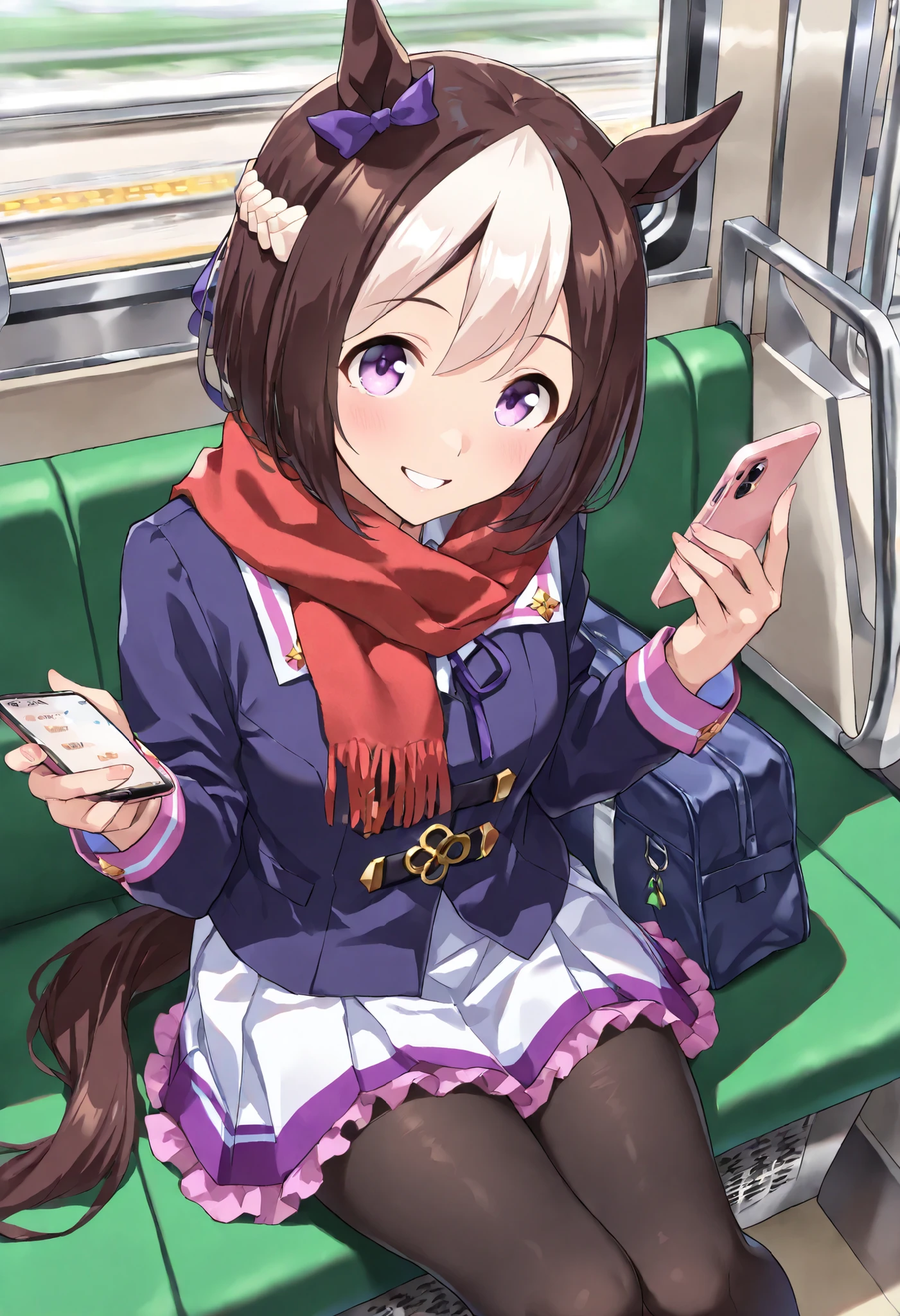 (masterpiece, best quality, perfect face:1.4), wide angle, special week \(umamusume\), horse ears, ear ornament, horse tail, tail on the lower back, 1 girl, looking at viewer, BREAK school uniform, dark blue jacket and skirt, red scarf, black pantyhose, carrying a school bag over one's shoulder, BREAK (sitting in a subway chair, holding smartphone), BREAK (In the subway train, train window behind, Inside the tunnel), BREAK, Nodding off contentedly, BREAK, proportional body, proportional, beautiful hair, beautiful face, beautiful clavicle, beautiful body, beautiful chest, beautiful thigh, beautiful legs, beautiful and detailed skin, detailed face and eyes, perfect body and limbs, perfect hands and fingers, (perfect hands, perfect anatomy),glossy texture, textured skin, realistic skin, HDR,