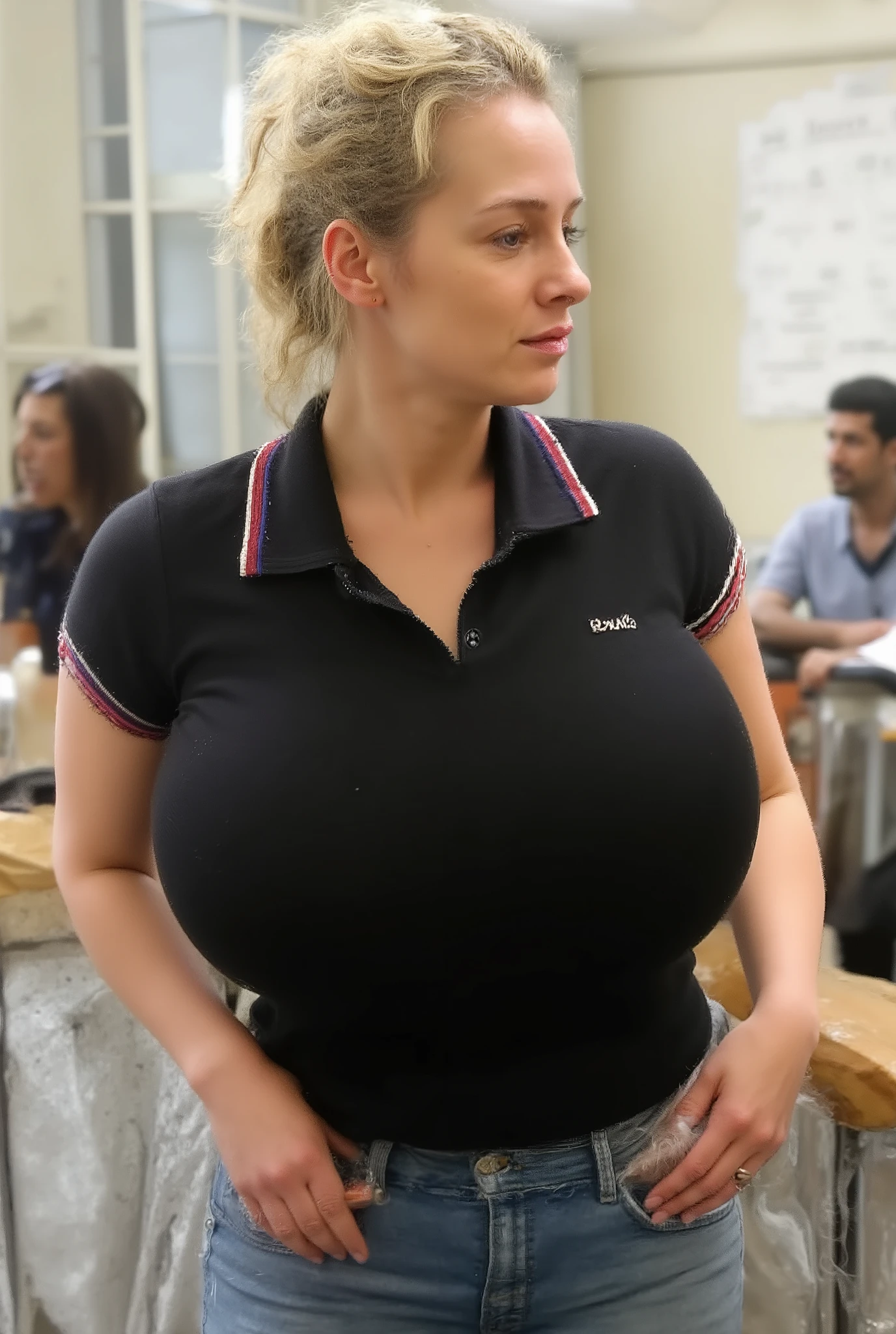 Eine Frau ,Jeansshorts )) , blonde long curly hair, gebleichtes Haar, Hochsteckfrisur, junges Gesicht, 40 (( Riesig large :1.9)), T , look at the viewer , large(balllarge) two women standing in a classroom, Mit RIESIGEN, artificial, artificial, oversized breasts ,, in a very ThighT and sTreTched black Poloshirt wiTh a v neck und Polokragen ,, Breasts as large as possible, The breasts are artificially round and rise, Poloshirt, large Breasts, enormous breasts, Polo shirt gigantic breasts ,breasts facing forward, looks at the viewer, extreme breasts
