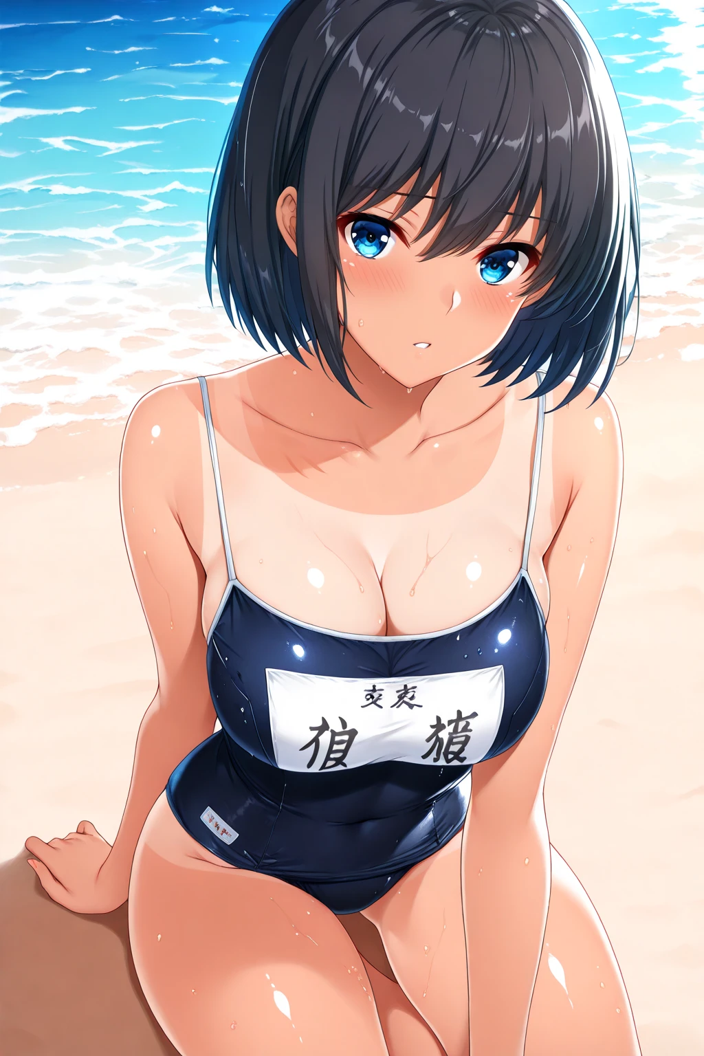 (masterpiece:1.3),best quality,high resolution,unity 8k wallpaper,(illustration:1),perfect lighting,
finely detail,extremely detailed,soft lighting and shadow,soft yet striking lighting,film grain:1.2,
one girl, helmswim, solo, blue hair, blue eyes, smile, blush, huge breasts, see-through, wet clothes, long sleeves, micro bikini, white gloves, looking at viewer, hand on hip, outdoors, beach, ocean, day, horizon, blue sky, cloud, cloudy sky,