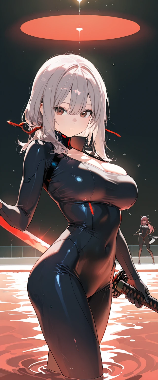 1girl, white hair, very short hair, red , , green eyes, futuristic, machinery, science-fiction, , toned, , thick thighs, smile, thighhighs, black thighhighs, ((black thighhighs)), neon trim, neon, neon lights, ((red )), mature female, pantyhose