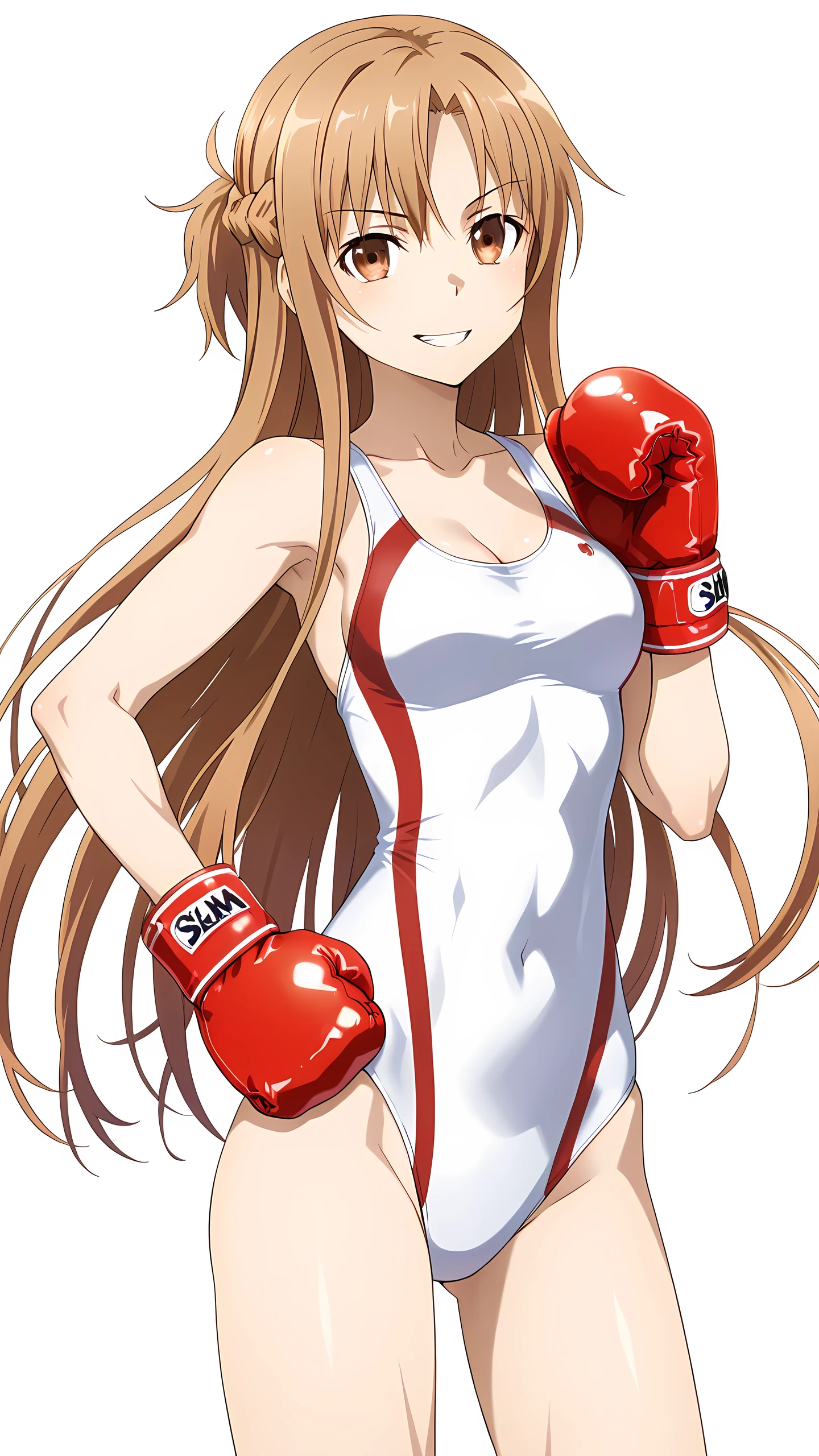 asuna_\(sao\), long_hair, brown_hair, brown_eyes,, cleavage, solo, (white competition swimsuits, small boxing gloves), serious grin, (toned slim body, slim waist), bare thigh, looking at viewer, extremely detailed eyes and face, hand on hip, focus torso, cowboy shot, sideshot, (white background),