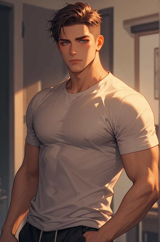 (Create a masterpiece: 1.2),(CGI art:1.3),(realistic:1.5),(After processing:1.3),(Sharp focus:1.3), 1 man holds the steering wheel of a car ,(crew cut short hair:1.8),black eye, smile, (Wear color navy round neck T-shirt with a Police badge: 1.3), Navy blue jeans, Korean guy , korean men, (High gloss details), chest muscles, large arm muscles, blood vessel, Big muscles, Broad shoulders, looking at the audience, Balancing the eyes, middle of the road, (drive a car: 1.5), (in the car: 1.3), , middle of the road, (open mouth:1.2)