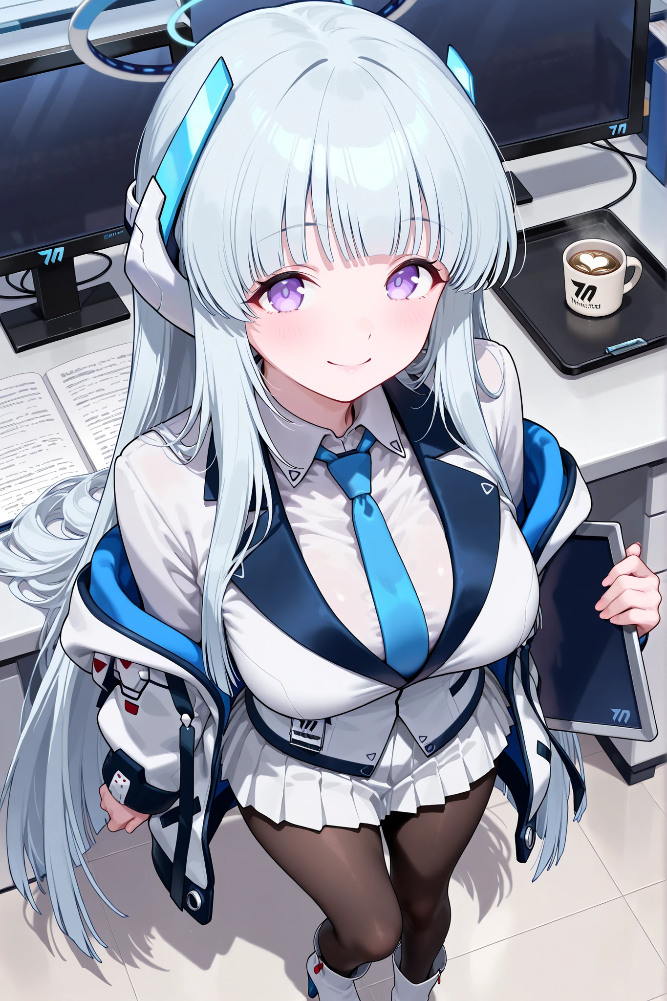 noa-default,in office,Place the coffee cup on the desk,Bend girl's waist,Holding a tray,noa \(blue archive\),purple eyes, white hair,long hair,halo,headphones,jacket,white suit,blue necktie,pleated skirt,black pantyhose, white high heels, short boots,(1 girl),smile,large breasts,focus breasts,zoom face,from above,masterpiece,Highest Quality,Very Detailed,Ultra High Definition,8k,4k,simple back ground,beautiful eyes,catchlight,