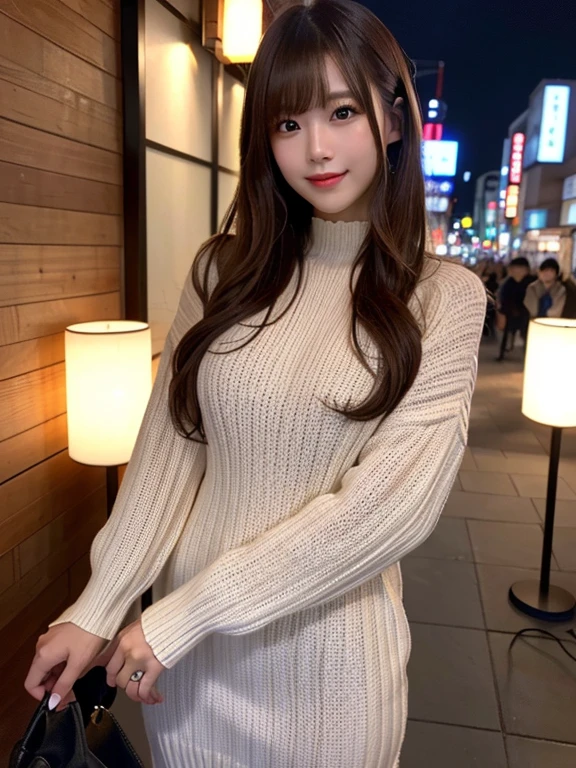 ​Masterpiece, 1 beautiful girl, A detailed eye, Puffy eyes, top-quality, 超A high resolution, (Realistic: 1.4), cinematic lighting, Japanese, Asian Beauty, Super beauty, Beautiful skin, A slender, Angle to shoot from the front, (A hyper-Realistic), (highlight resolution), (8K), (Very Detailed), (beautifully detailed eyes), (ultra-detailed)、 (wall-), A detailed face, Bright lighting, Professional lighting, looking at view, Facing straight ahead, (The costume  a knitted dress), Long hair, hair messy, asymmetrical bangs, night street scene, Brown hair, Japan idle, Korean Idol, posing Gravure Idol, age25, tall, smile,