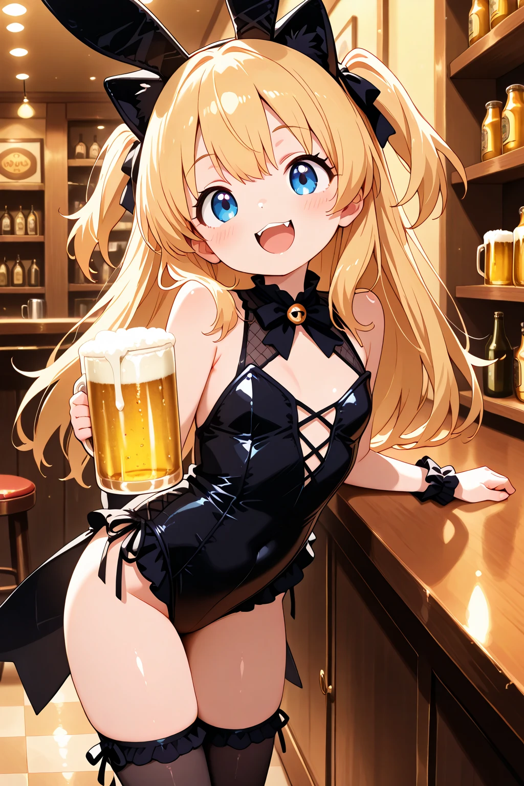 (masterpiece, best quality) ,(textile shading) ,BREAK ((1girl))), BREAK ( cleavage), ((giant )), BREAK ((beautiful eyes, yellow_eyes)), BREAK ((very long hair)), (blonde_hair), ((double_bun)), ((hair between eyes)), BREAK ((cowprint bikini,thighhigs)), ((wide thighs)), BREAK ((happy)), BREAK ((on the beach)), ((sits at a wooden table and drinks beer)), 