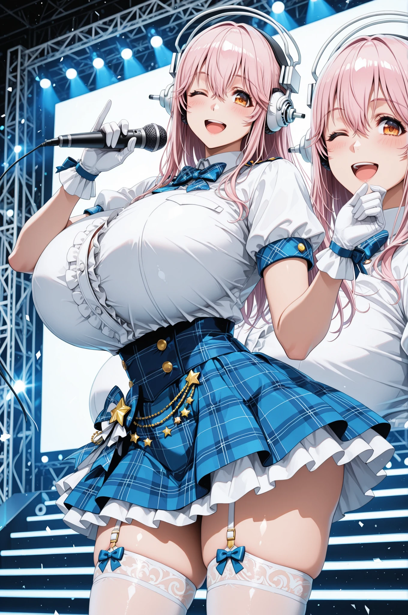 super sonico is standing wearing white top and blue skirt holding microphone, 1girl, skirt, microphone, gloves, one eye closed, holding microphone, white gloves, solo, blue skirt, holding, open mouth, smile, thighhighs, looking at viewer, garter straps, blue bow, bow, white thighhighs, plaid, ;d, short sleeves, shirt, , bangs, idol, white shirt,music stage,indoor,gigantic ,