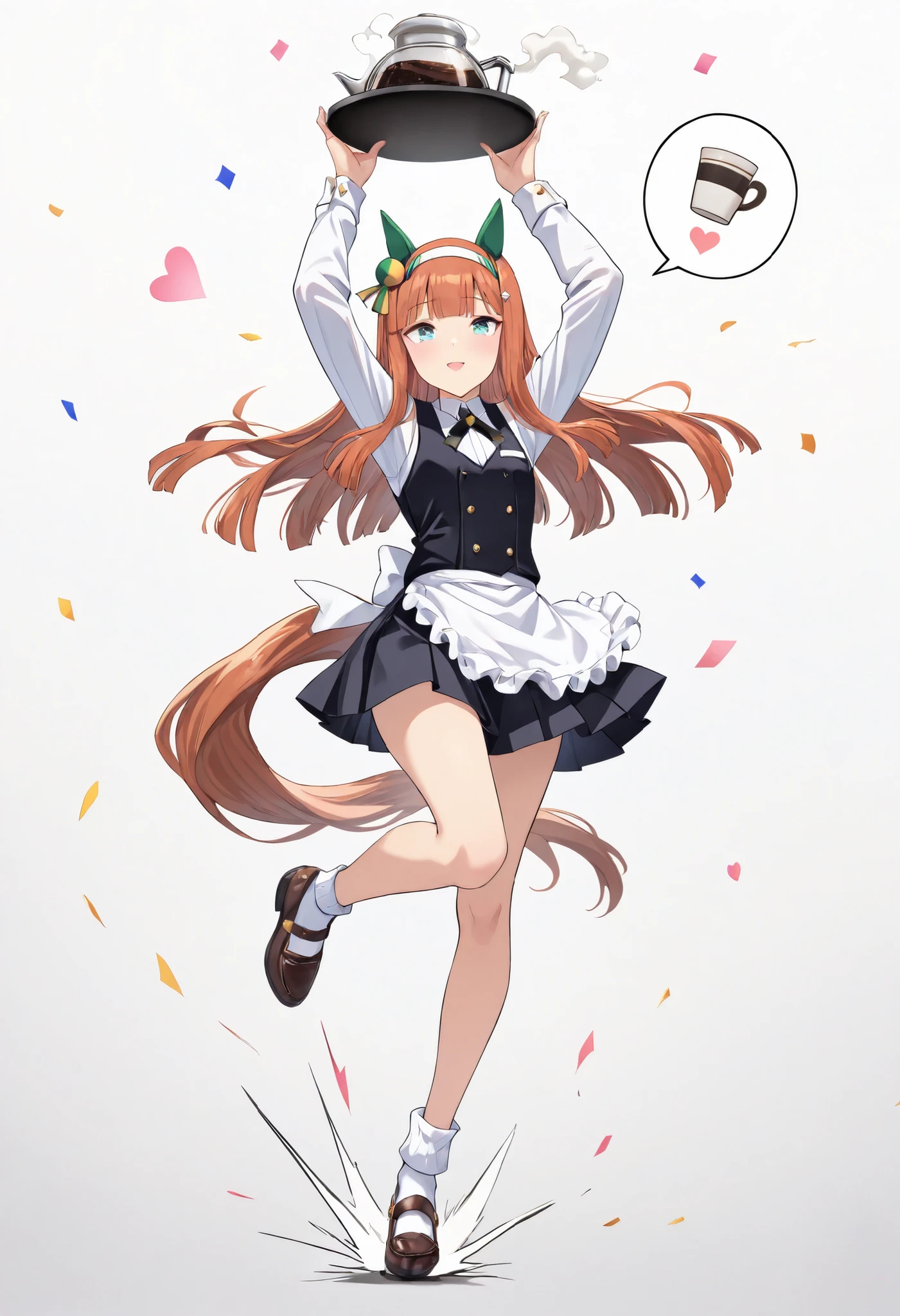 (masterpiece, best quality, perfect face:1.4), wide angle, silence suzuka \(umamusume\), horse ears, ear cover, white headband, small breasts, horse tail, tail on the lower back, proportional body, proportional,1 girl, beautiful hair, beautiful face, beautiful detailed eyes, beautiful clavicle, beautiful body, beautiful chest, beautiful thigh, beautiful legs, beautiful fingers, BREAK, she wears formal attire including a white shirt, black vest, and apron, BREAK, The waiter displays a polite and attentive expression, she carries a waiter's tray with coffee cups and a coffee pot, steam,
 ///back ground///
simple background, white background, (speech_bubble with large pink heart), party, colorful confetti, 
///pose and composition///
(from front, front view, eye_level),
(full body), jumping, (in air), bend knees, (arms up, hands in high_air, outstretched arms), BREAK, ecstatic expression, Ergonomically Correct Body, textured skin, realistic skin, HDR, BREAK, (perfect hands, perfect anatomy),