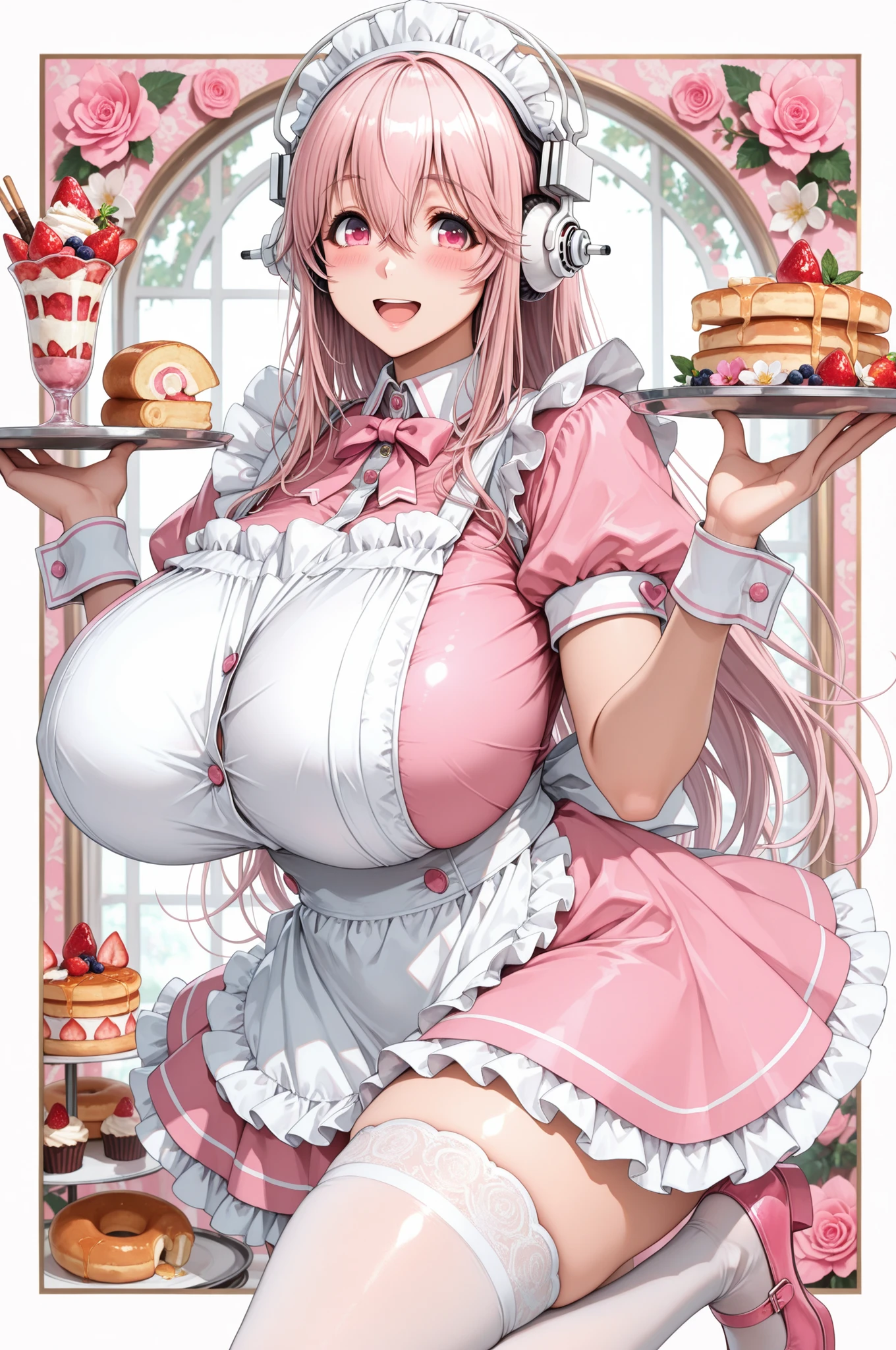 masterpiece, best quality, 1girl, solo, tray, long hair, , frills, hair between eyes, standing, fruit, frilled apron, white apron, blush, super sonico, holding tray, looking at viewer, nitroplus, food, frilled dress, white thighhighs, wrist cuffs, donut, food-themed background, pink hair, thighhighs, pancake, , headphones, holding, dress, pink eyes, pink footwear, pink flower, cake, parfait, swiss roll, shoes, cupcake, smile, pancake stack, flower, maid headdress, open mouth, standing on one leg, pink dress, apron, strawberry shortcake, very long hair, maid, strawberry