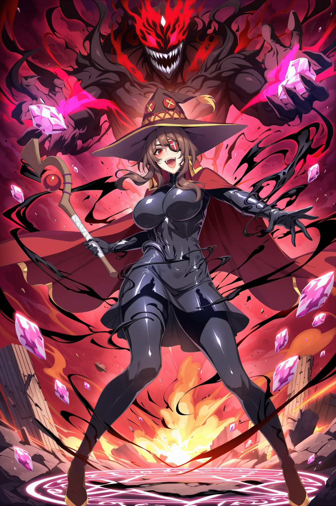 girl, Megumin (Konosuba), poison symbiote , Witch costume modified by symbiote, Pointed hat fused with black mass symbiote, Dark Brown Hair, bright red eyes, Eye patch with symbiote tentacles, Ripped red cape with symbiote effect, Alien-style black dress with organic texture, Magic wand wrapped in symbiote mass, Expanding black tentacles, Sharp, viper-like teeth, Crazy Smile , Red and black magical explosion, Crimson Magic Circle, dark energy effect, Dramatic wizard pose, post-apocalyptic environment , Bloody Sky, Burning Ruins, Magic particle effect, Crimson rays, ultra-detailed storm clouds , Floating Magical Crystals, Red and black magical aura, dramatic lighting effects, Contrast between red magic and symbiote mass