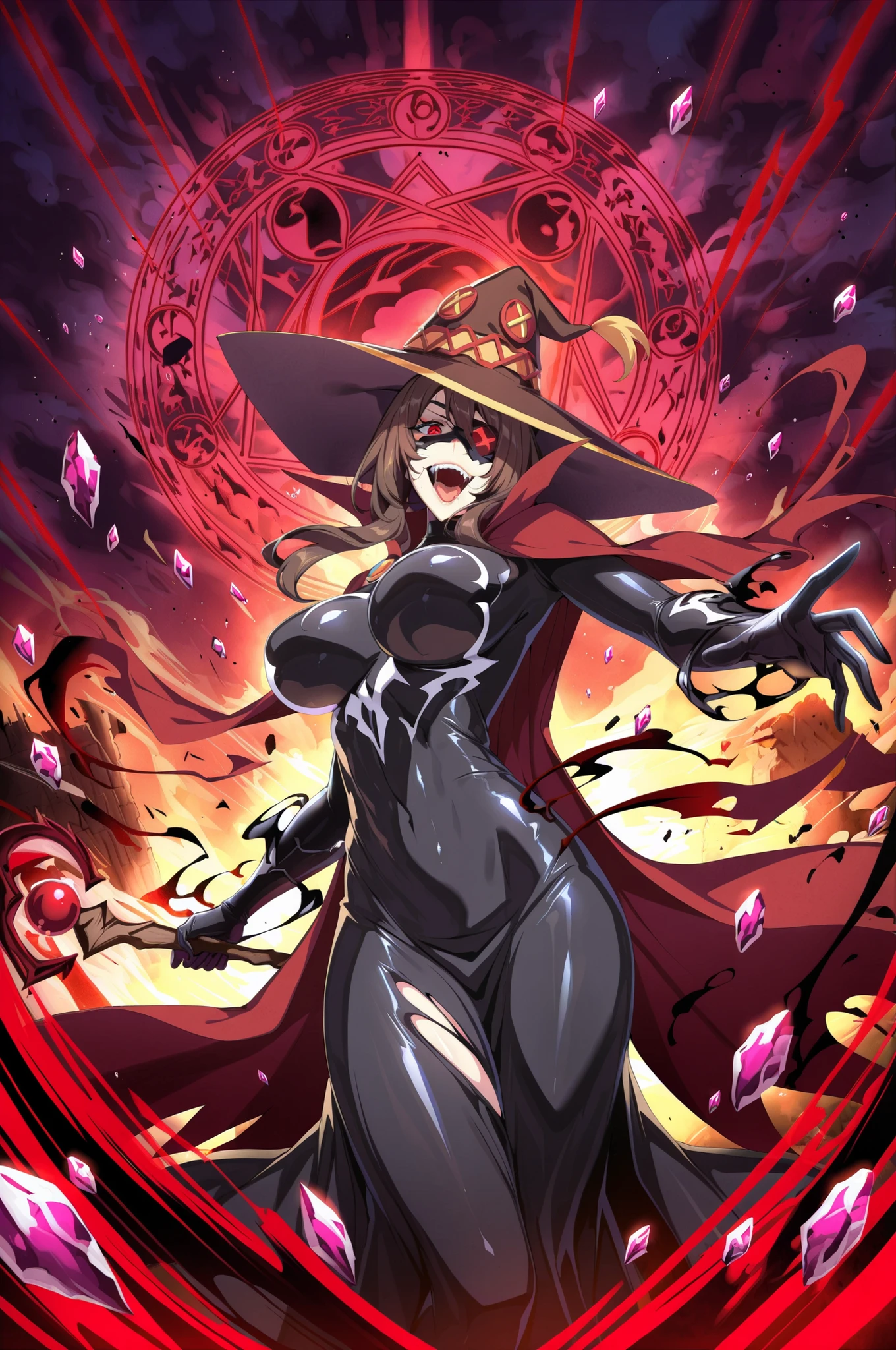 girl, Megumin (Konosuba), poison symbiote , Witch costume modified by symbiote, Pointed hat fused with black mass symbiote, Dark Brown Hair, bright red eyes, Eye patch with symbiote tentacles, Ripped red cape with symbiote effect, Alien-style black dress with organic texture, Magic wand wrapped in symbiote mass, Expanding black tentacles, Sharp, viper-like teeth, Crazy Smile , Red and black magical explosion, Crimson Magic Circle, dark energy effect, Dramatic wizard pose, post-apocalyptic environment , Bloody Sky, Burning Ruins, Magic particle effect, Crimson rays, ultra-detailed storm clouds , Floating Magical Crystals, Red and black magical aura, dramatic lighting effects, Contrast between red magic and symbiote mass