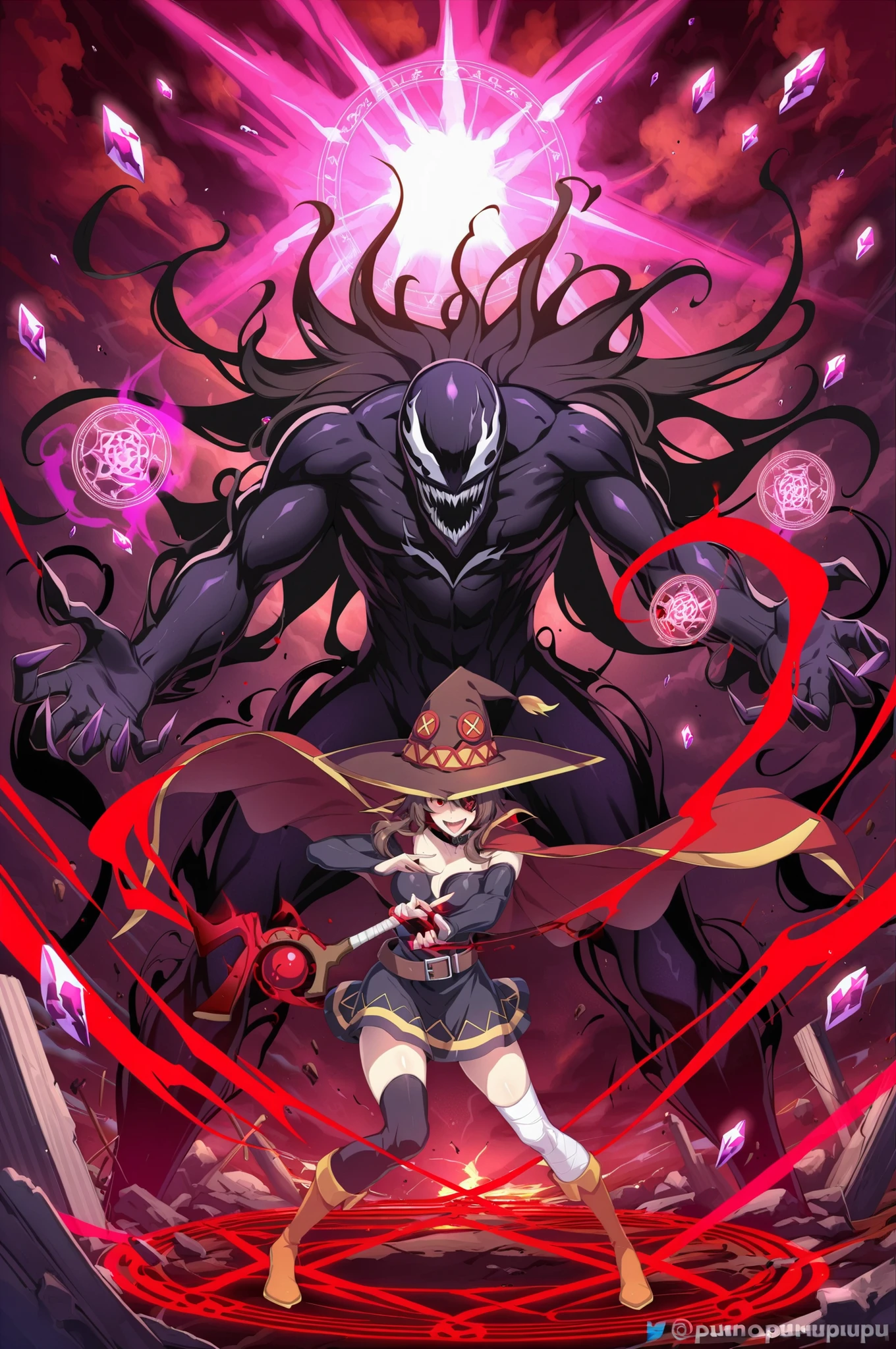 girl, Megumin (Konosuba), poison symbiote , Witch costume modified by symbiote, Pointed hat fused with black mass symbiote, Dark Brown Hair, bright red eyes, Eye patch with symbiote tentacles, Ripped red cape with symbiote effect, Alien-style black dress with organic texture, Magic wand wrapped in symbiote mass, Expanding black tentacles, Sharp, viper-like teeth, Crazy Smile , Red and black magical explosion, Crimson Magic Circle, dark energy effect, Dramatic wizard pose, post-apocalyptic environment , Bloody Sky, Burning Ruins, Magic particle effect, Crimson rays, ultra-detailed storm clouds , Floating Magical Crystals, Red and black magical aura, dramatic lighting effects, Contrast between red magic and symbiote mass