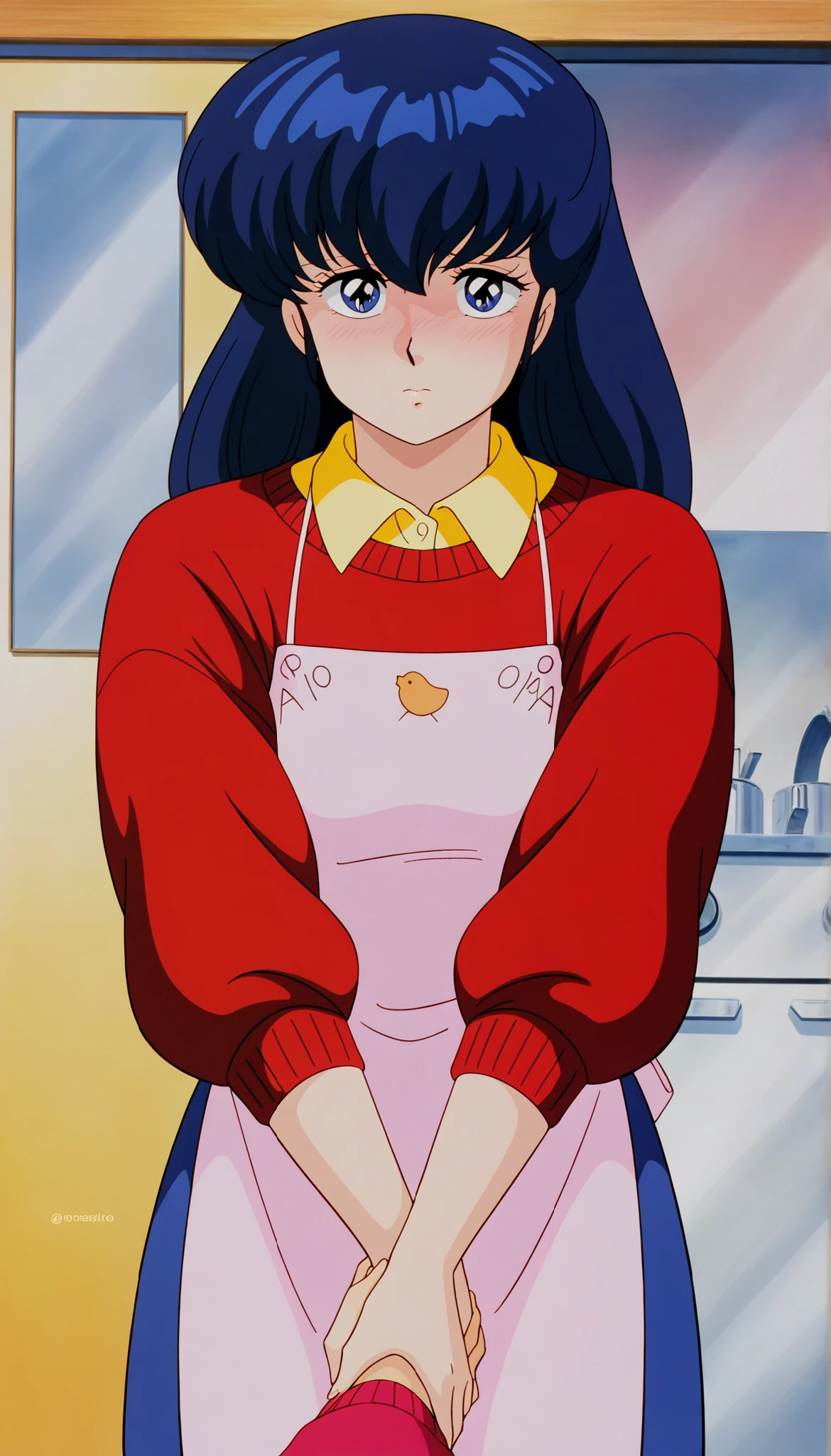 clean, {{scan}}, {{{masterpiece}}}, {{{high quality}}}, {{{animated}}}, anime colored, {{{official art}}}, perfect body, perfect face, extreme detail, perfect anatomy, intricate, retro 1980s, (highly detailed), solo, 1girl ,(beautiful details:1.3), perfect eyes, perfect hands, masterpiece,best quality,amazing quality,、otonashi Kyoko, blue hair, long hair,  ,  best quality ,  Good quality   , ,Alone, ,, red sweater, yellow shirt under red sweater, blue long skirt, Apron , A A feeling of tenderness and compassion ,compassionate_  , sad Eyes blue shinny , cute _  jealous  , solo. Facing toward viewer, Slim Figur, close up to viewer, pov hug   