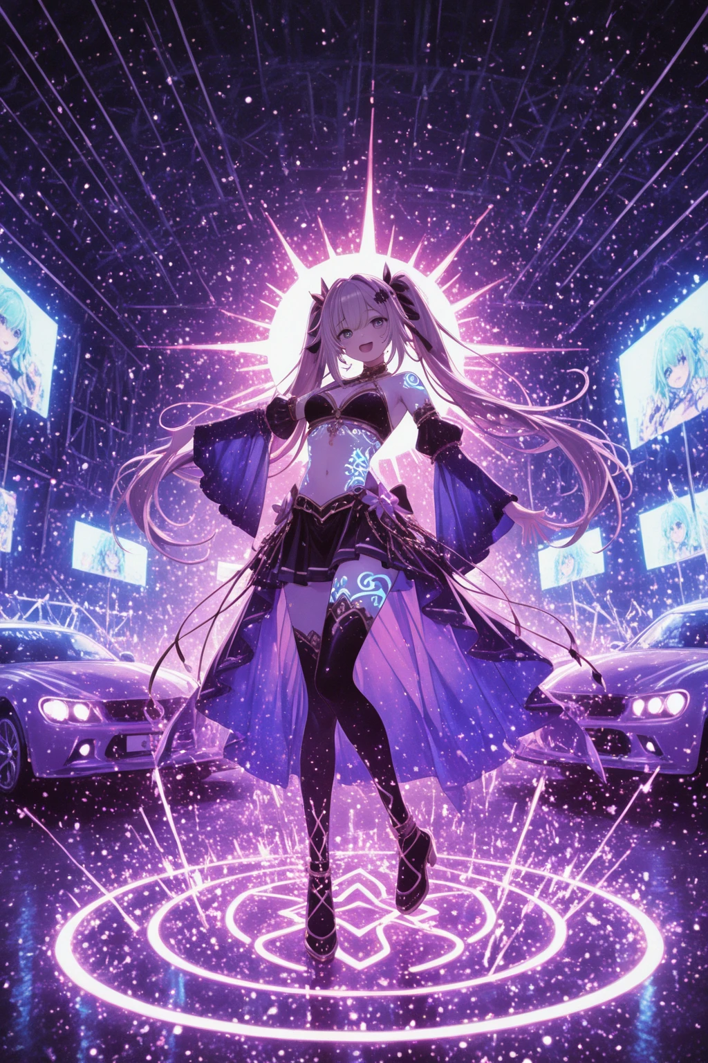 (blonde hair, long hair, sidelocks), (eyes with a mix of yellow and blue irises:1.5), two-tone eyes, multicolored eyes gradient eyes, white and blue jacket with constellation prints, (best quality,4k,8k,highres,masterpiece:1.2), ultra-detailed, portraits, (HDR:1.1), (vivid colors:1.1), (studio lighting), (bokeh), (highly saturated colors), (soft lighting), (detailed background), (subtle shadows), (ethereal glow), (pastel color palette), (delicate details), (sublime beauty), (feminine charm), (crisp focus), (fine brushwork), (impeccable craftsmanship), (emotional depth), (captivating storytelling), (intriguing narrative), (impressive realism), (exceptional artistry), (masterpiece-worthy), (awe-inspiring), blonde hair, very long hair, sidelocks, (eyes with a mix of yellow and blue irises:1.5), (two-tone eyes:1.5), (multicolored irises:1.5), multicolored eyes (gradient eyes:1.5), white and blue jacket with constellation prints, metallic skirt, (smug:1.5), (smirk), naughty face, mischievous, futuristic clothing, science fiction setting, high-tech, glowing eyes, (unicursal hexagram-shaped irises), (full body:1.5), (chains:1.5), (holographic halo:1.5), (unicursal hexagram halo:1.5), xuer hologram Laser skirt, ( skirt:1.5)