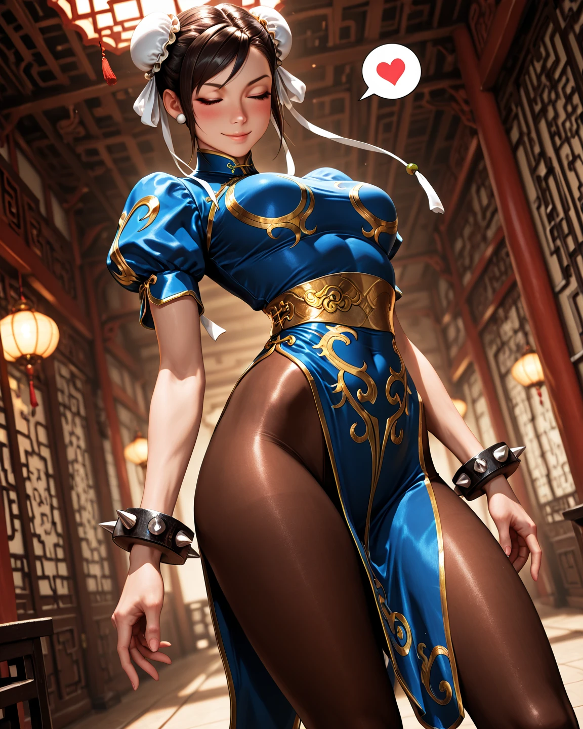 ((Detailed, masterpiece, high definition, 8K)) chun li, wide hips, big ass, nice breasts, tight outfit,  underneath outfit, ,  stance, dynamic stance, bedroom,  little smile on face, legs spreaded, hands behind back, sexy posture, standing towards viewer, looking towards viewer
