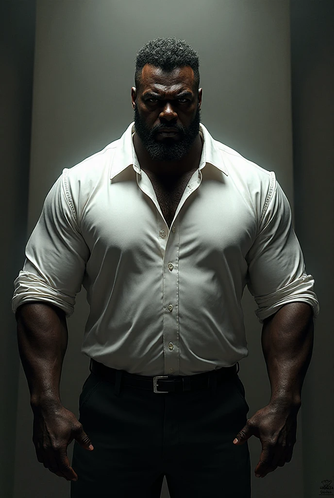 an exaggeratedly muscular and large bodyguard, beefy build, beard, dark-skinned african american male, buzzcut hair with square line, (confused expression: 1.2), (wearing business shirt: 1.2), (bara pecs: 1.3), beefy pecs, (arm and chest hair: 1.2), portrait HD, (fluorescent office building)