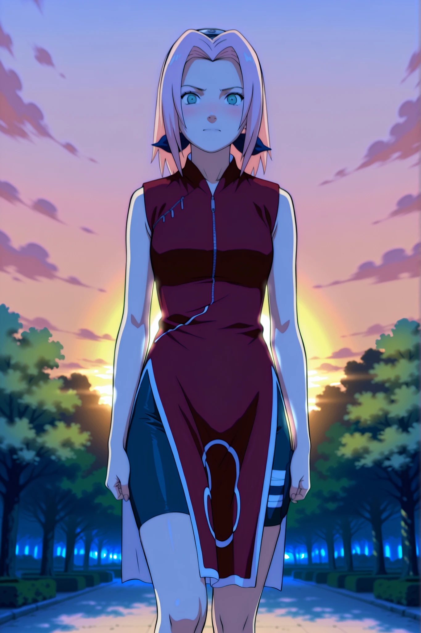 Haruno Sakura,1girl,official,bike shorts,Fearful Expression,soft thighs,detailed face,serene park,sakura trees,sunset sky,photorealistic,masterpiece,sharp focus,vivid colors,professional digital painting