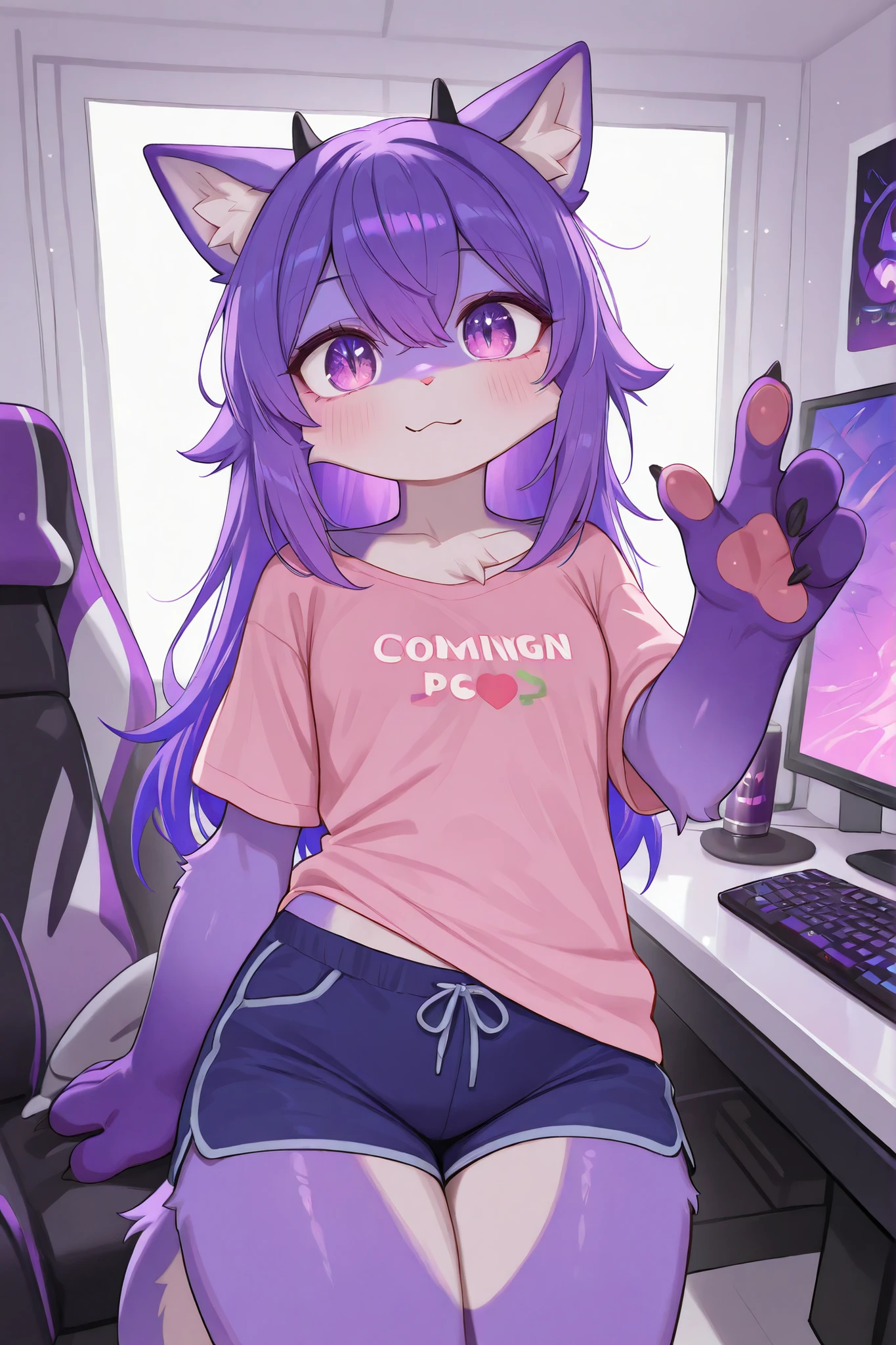 Best Drawing, in the best way, blend, Watching the window, fluffy, kimono, one character, , shiny fur , Looks like a dragon,22 years old, Female dragon, purple eyes, slightly long nose, dark purple , long shoulder length hair, light purple fur, white belly with jaw, dark purple limbs, Fox legs, little horns, 2 horns black, fox ears, dragon tail, dark purple hair along spine, straight stand, Wearing Casual wear, Casual wear, corduroy, pink paw pads, small black horns, very little horns,2 centuries, four fingers on two hands, 4 fingers, Dark purple edges,
blue shorts, pink t-shirt, animal-shaped headphones, sitting in front of a computer.
An immersive gaming room, bathed in RGB lighting. The centerpiece is an upscale gaming rig with a large curved monitor, displaying the, Mechanical keyboard with customizable lighting, and the gaming mouse on the extended mouse pad. The table is sleek and modern, with a powerful gaming PC with transparent, LEDs showing the inside, game cases illuminated by colorful.
The shelves display a collection of video game figures, limited edition, game interface and banks of energy drinks. Geometric sound-absorbing panels patterns adorn the walls, is complemented by posters of popular game titles. A comfortable gaming chair with lumbar support is moved under the table, components and a small mini-fridge can be seen in the corner. The atmosphere is high-tech, Personalized, and the bright , panels ideal for long gaming sessions. digital art, dynamic lighting, highly blend