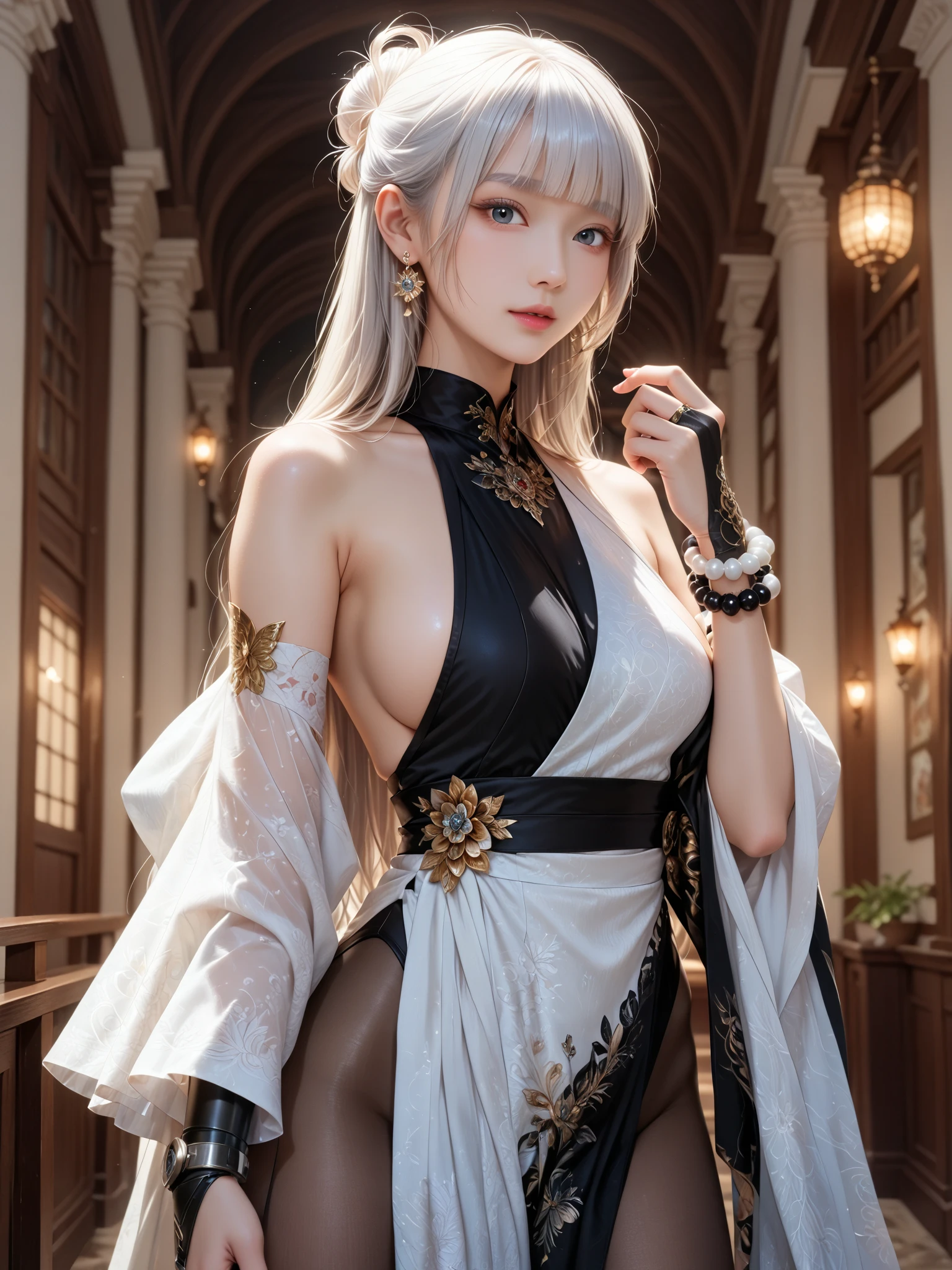 highest quality、8k Masterpiece、超A high resolution、(Photorealistic:1.3)、RAW Photos、1 girl、Silvery white hair、Glowing Skin、1. Super-beautiful Cyberpunk Soldiers、((Ultra-Realistic Details))、Portrait、Global Illumination、Shadow、Octane Rendering、8k、Super sharp、Metal、Cold colors、Very intricate details、Realistic Light、CGSoation Trend、Beautiful and shining eyes、Beautiful breasts、Beautiful ass、To the camera、Neon Details、smile、Super kind、whole body、Swaying in the Wind、Crimson Hanfu、４０age、Fantasy、The background is the rooftop of a Manhattan building.