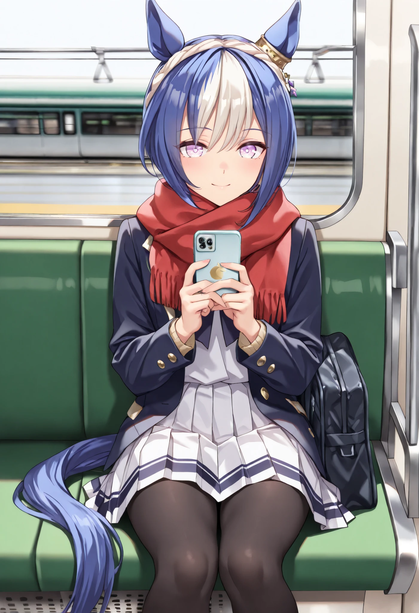(masterpiece, best quality, perfect face:1.4), cesario \(umamusume\), ear ornament, horse ears, horse tail, tail on the lower back, 1 girl, BREAK school uniform, dark blue jacket and skirt, red scarf, black pantyhose, carrying a school bag over one's shoulder, BREAK (sitting in a subway chair, holding smartphone), BREAK (In the subway train, train window behind, Inside the tunnel), BREAK, satisfied expression, BREAK, proportional body, proportional, beautiful hair, beautiful face, beautiful clavicle, beautiful body, beautiful chest, beautiful thigh, beautiful legs, beautiful and detailed skin, detailed face and eyes, perfect body and limbs, perfect hands and fingers, (perfect hands, perfect anatomy),glossy texture, textured skin, realistic skin, HDR,
