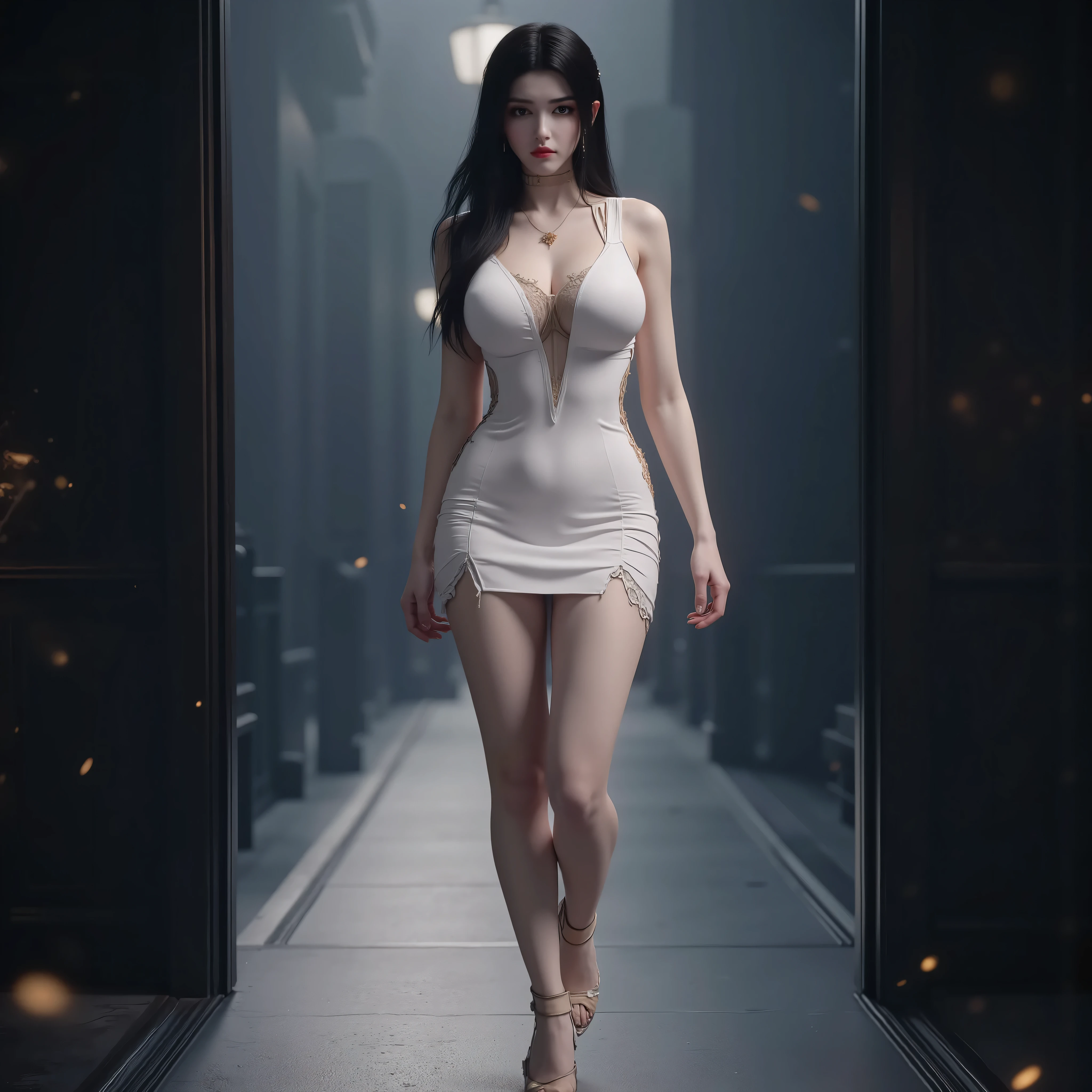 crushed breasts,Photorealistic full body image of an athletic mature woman with long black hair wearing a form-fitting deep v-neck white plain transparent dress that highlights her muscular legs and wide hips, heels on her feet in the middle of walking pose, high heels, bare shoulders, dramatic lighting with light particles creating atmosphere, looking directly at viewer