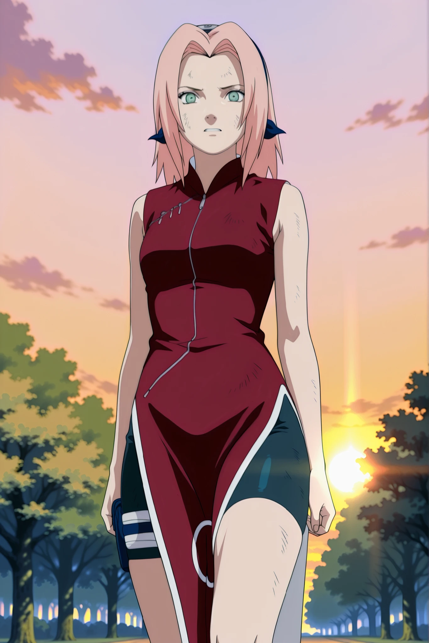 Haruno Sakura,1girl,official,bike shorts,Fearful Expression,soft thighs,detailed face,serene park,sakura trees,sunset sky,photorealistic,masterpiece,sharp focus,vivid colors,professional digital painting