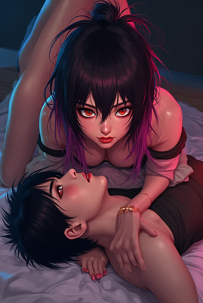 rating_, beautyful woman, gothic, mature woman, tattoos in whole body, slim body, slender body, lilac , long sidecut hair, lilac hair, long hair, black lipstick, lesbian  , 2 woman, japanese woman, slender body, pink , long black hair, motel room, night, , huging, in bed, scream, 