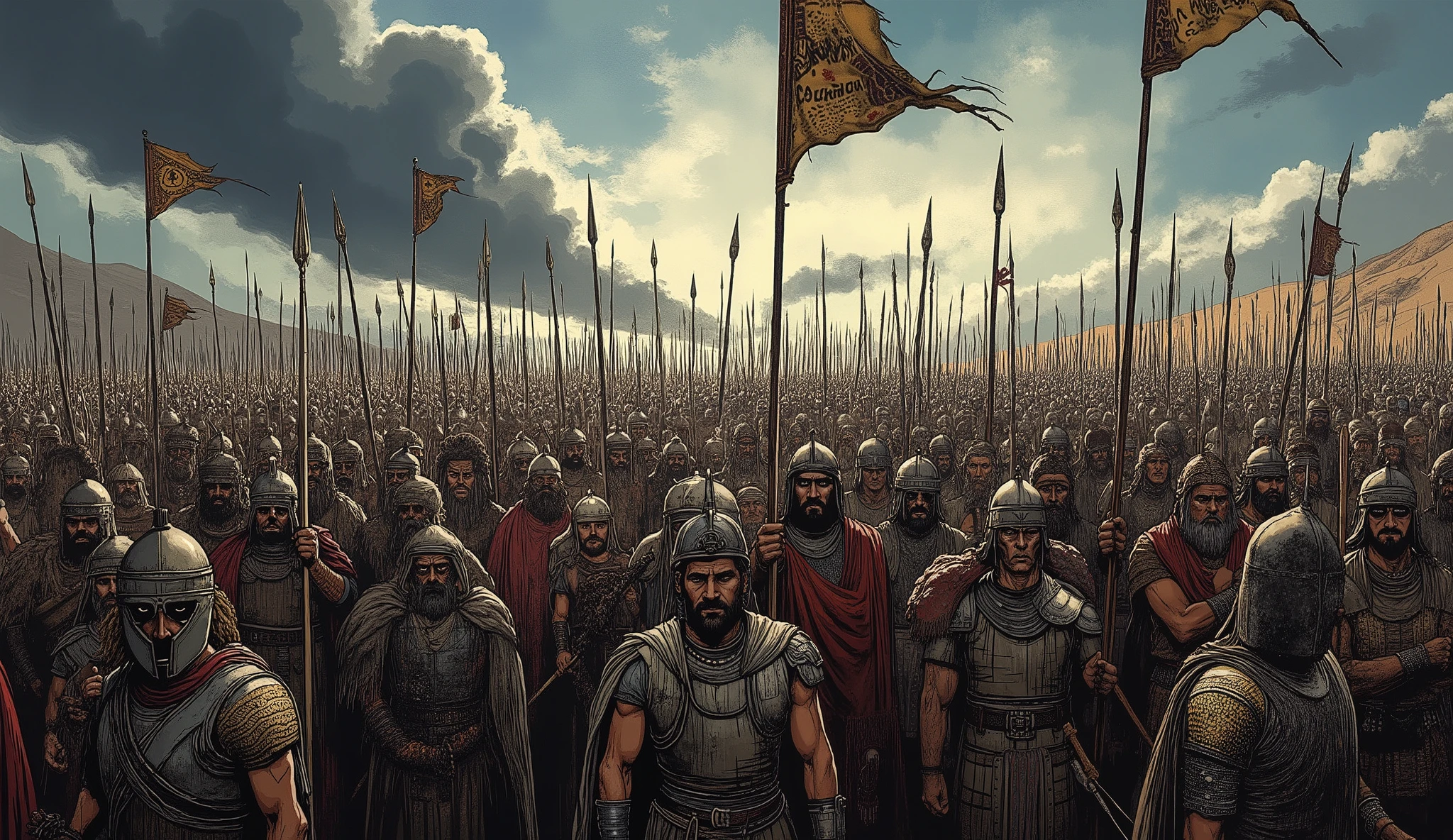 An epic, dark illustration of a sea of Persian soldiers covering the horizon.