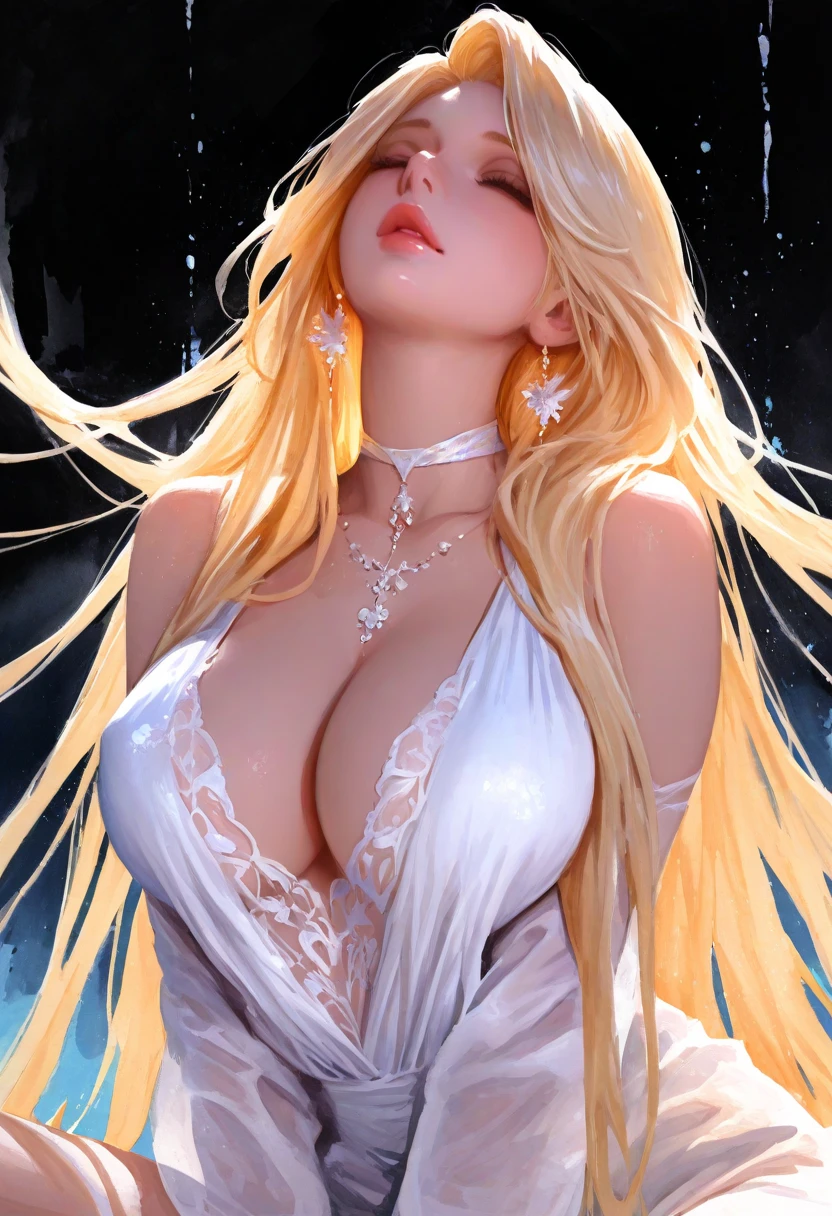 ((very beautiful and tall victorias secret supermodel)) ((big blue eyes)) ((full red lips)) ((seductive gaze, seductive smile)) ((tan skin)) ((very long wavy blonde hair)) ((big ??????:1.8)) ((wear pure white fantasy fashion ???? strapless thight bra and tiny ????? bottom)) (((white cape, neck jewerly collar long fabric tail, very long sleeves))) ((bright tiara, earrings, gloves, white stockings, garterbelt)) ((catwalk on runway)) ((inside tv studio at runway fashion show)) ((at night, without illumination))((high definition:1.5)) ((masterpiece:1.5))((8k:1.5)) ((Best quality:1.4)), more_details:-1, more_details:0, more_details:0.5, more_details:1, more_details:1.5