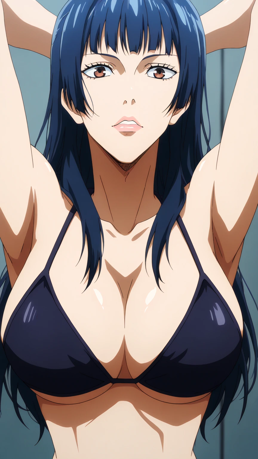 (masutepiece, Best Quality, High resolution, anime colours, megami magazine:1.2, anime poster style, anime keyvisual, sharp, 8k, photorealistic), (beautiful eyes:1.5, beautiful face), Kotegawa Yui, 1girl, solo, Cute, (Long Black Hair), (sagging large breasts:1.8), (tight camisole, ), ,  (cowboy shot), (Perfect detailed , beautiful detailed hair, perfect detailed body:1.2, shiny skin), (thick outline, Beautiful outlines, black outlines), simple background,