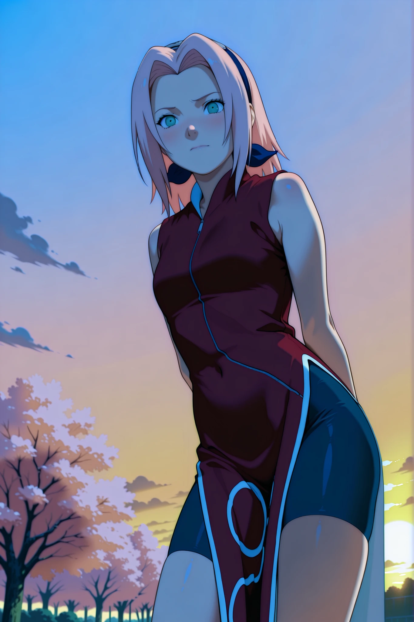 Haruno Sakura,1girl,official,bike shorts,Fearful Expression,soft thighs,detailed face,serene park,sakura trees,sunset sky,photorealistic,masterpiece,sharp focus,vivid colors,