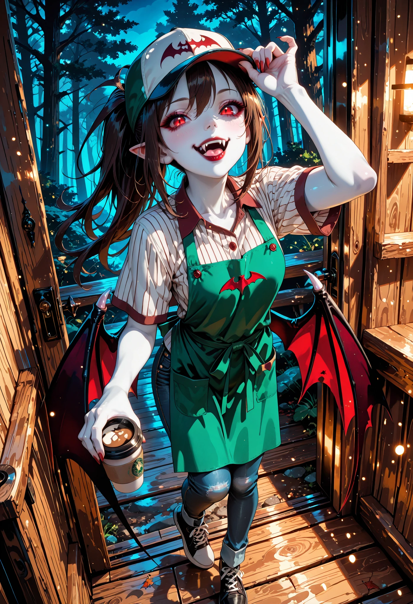 Very High resolution,cute anime-style,masterpiece,best quality,amazing quality,hyper-detailed,very aesthetic,Night,The front door of a log cabin,A composition looking outside from the front door,A dense forest,A female vampire has descended from the sky,She is standing on one foot and on her tiptoes,Her right hand is raised high above her head,She is holding a take-out coffee in her left hand,Dark brown hair,Delivery man's hat,Her ponytail is flowing upwards,She is looking slightly down,(white skin:1.2),Red eyes,(Vampire fangs protruding from between her lips:1.3),Dark red lipstick,A refreshing smile,A brown and white vertical striped shirt,A green apron,Short sleeves,Slim-fit jeans,Bat wings fluttering upwards