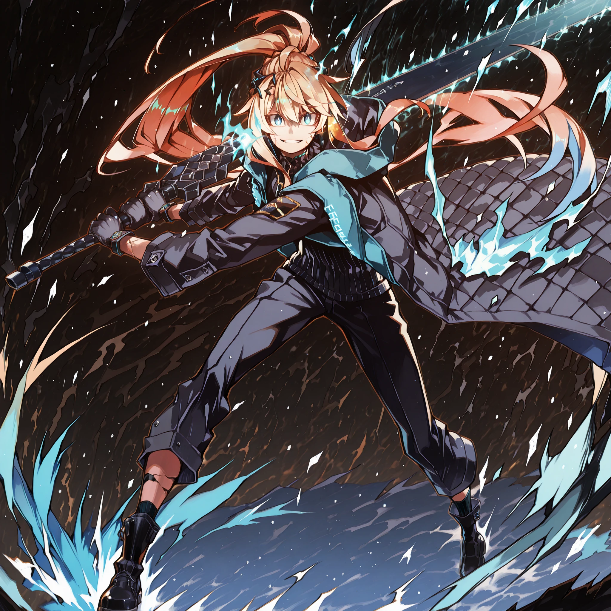 A short and solitary male character, a young teenager about 1.70 meters tall, with a style and aura similar to Amiya from Arknights, but unmistakably masculine.
His face is feminine. His face is feminine.
He has long blonde hair, similar to Artoria Pendragon Ruler. His hair is styled in the Shikei style and tied into a very long ponytail. The face is identical to that of Artoria Pendragon Ruler. He has a beautiful and delicate feminine face. The pants cover the character's entire leg.
His eyes are visible and bright blue, clearly staring at the viewer. His eyes are bright blue, fully exposed. His eyes are bright blue, fully exposed. His blue eyes are completely visible. Smiling in a and playful way.
Clothing:
He wears a black turtleneck sweater, black military pants, and black military boots.
Most importantly, he wears a black coat with blue accents, identical in every detail to Amiya’s coat from Arknights — same fabric, cut, blue highlights, length, hood design, zippers, and proportions. The coat fits perfectly, without slipping. Gloves identical to Amiya’s from Arknights.
Pose and Expression:
Black background, attacking stance, body of a young male teenager. Dynamic motion pose: one leg forward, torso slightly twisted, coat and ponytail flowing.
He conjures a large blue flame in one hand while holding an enormous black greatsword with a bright blue blade in the other. The colossal sword looks like stone, cracked, releasing energy from the fractures. The blade is blue. The blade is blue. The blade is blue. The blade is blue. He controls a bright blue flame in his free hand. He controls a bright blue flame in his free hand.
Atmosphere and Style:
Youthful energy. Ultra-detailed, sharp, clean anime style. Deep black background with cinematic lighting emphasizing his short stature and powerful aura. Perfect image, Perfect female face, perfect eyes, hair styled in Shikei style.
The character is a boy. Male , male , male , male .