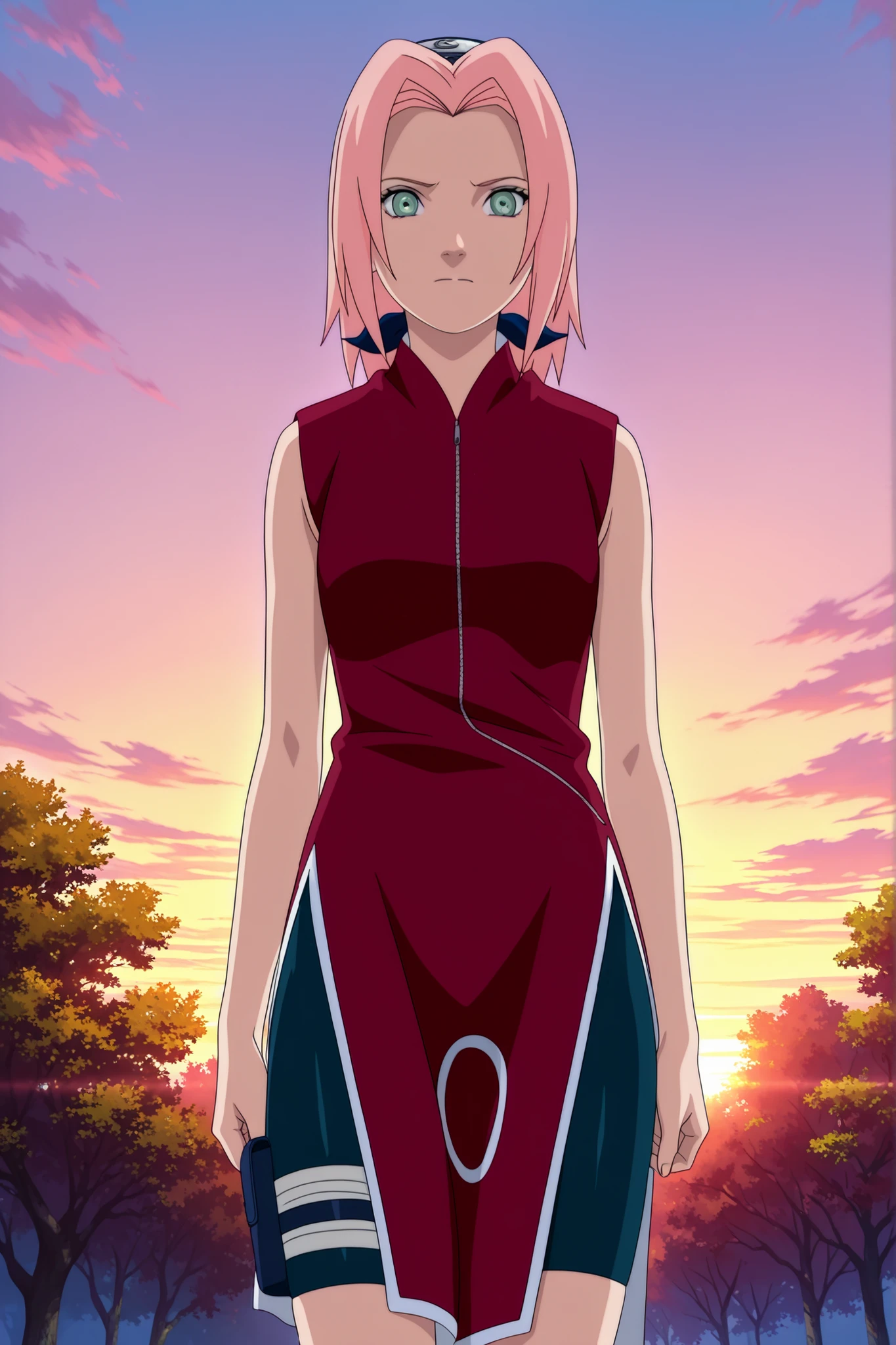 Haruno Sakura,1girl,official,bike shorts,Fearful Expression,soft thighs,detailed face,serene park,sakura trees,sunset sky,photorealistic,masterpiece,sharp focus,vivid colors,professional digital painting