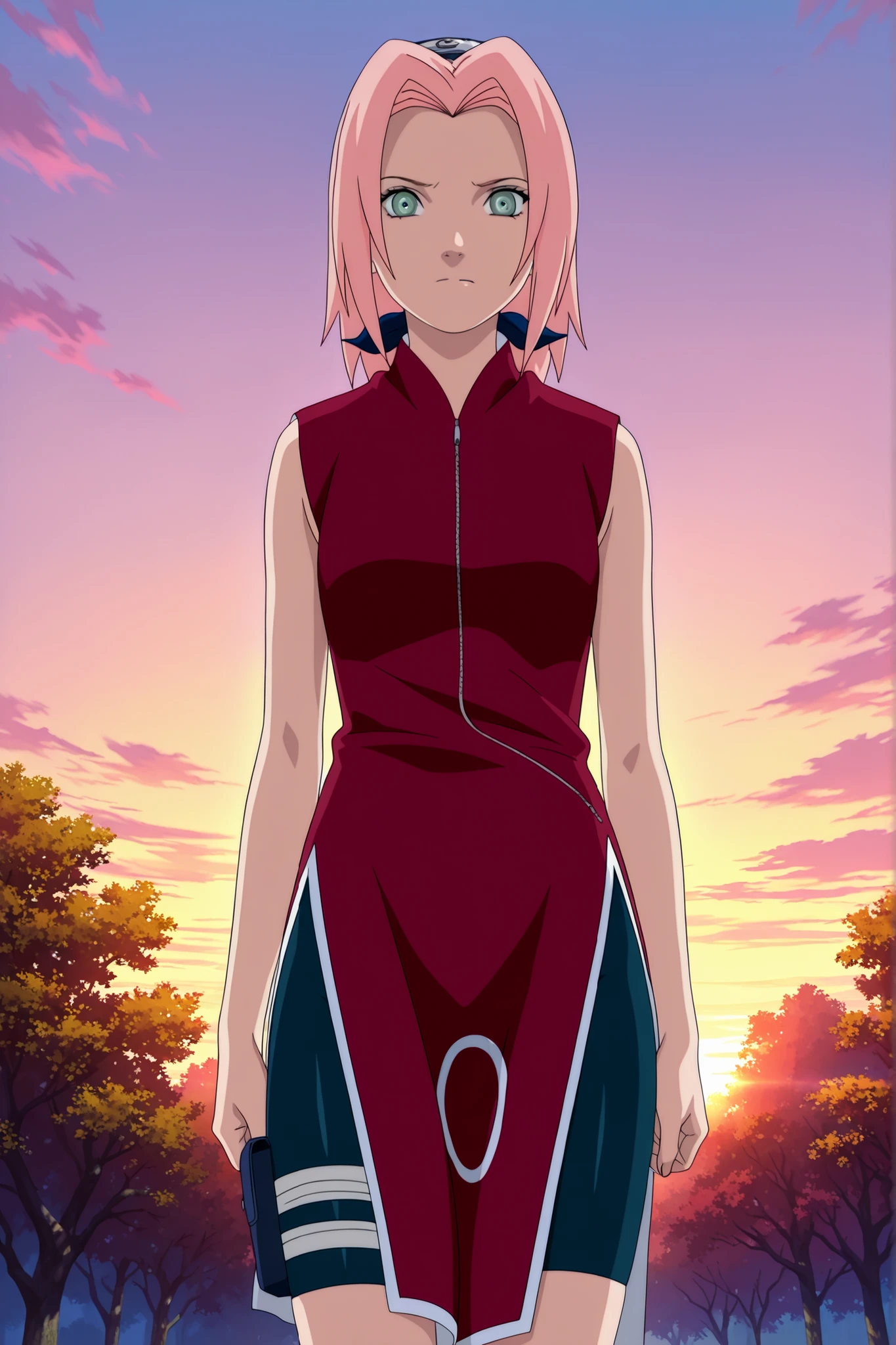 Haruno Sakura,1girl,official,bike shorts,Fearful Expression,soft thighs,detailed face,serene park,sakura trees,sunset sky,photorealistic,masterpiece,sharp focus,vivid colors,professional digital painting