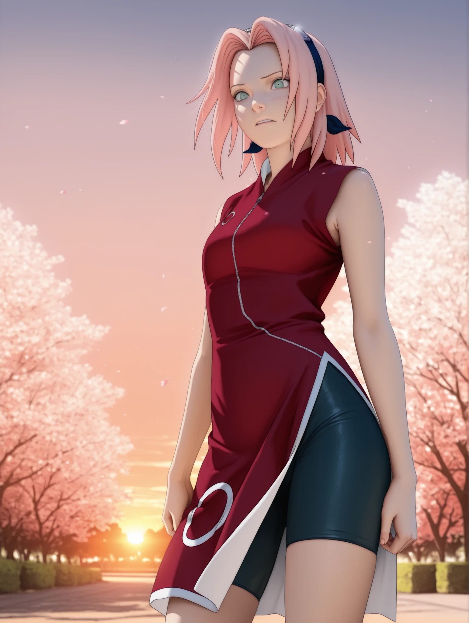 Haruno Sakura,1girl,official,bike shorts,Fearful Expression,soft thighs,detailed face,serene park,sakura trees,sunset sky,photorealistic,masterpiece,sharp focus,vivid colors,professional digital painting.