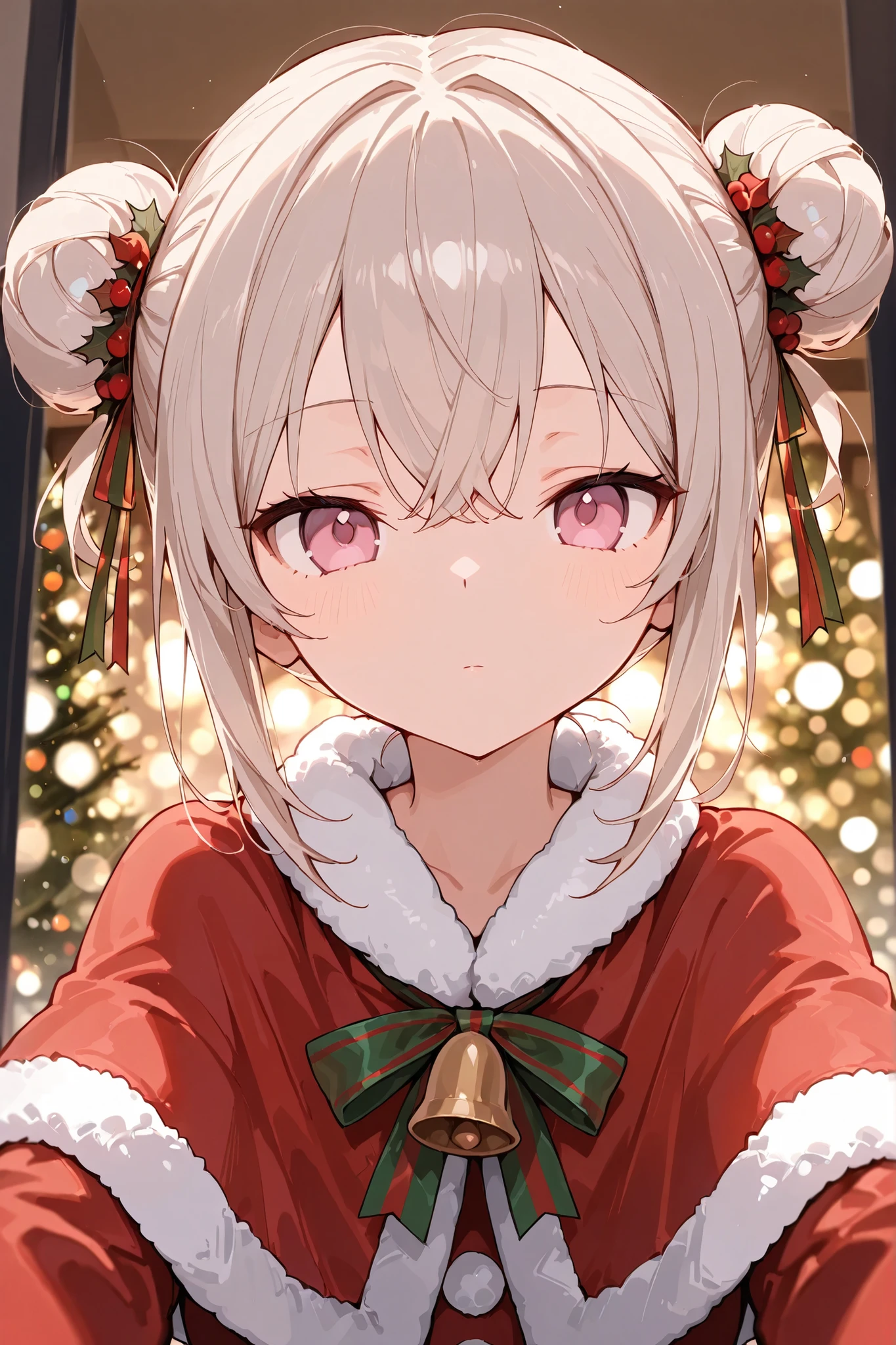 masterpiece, high quality, utra-detailed,
1 girl, only double bun hair, platinum blonde hair, dusky pink eyes, unfocused eyes, emotionless:0.7, red santa clothes, x-mas, christmas, bokeh, cozy background