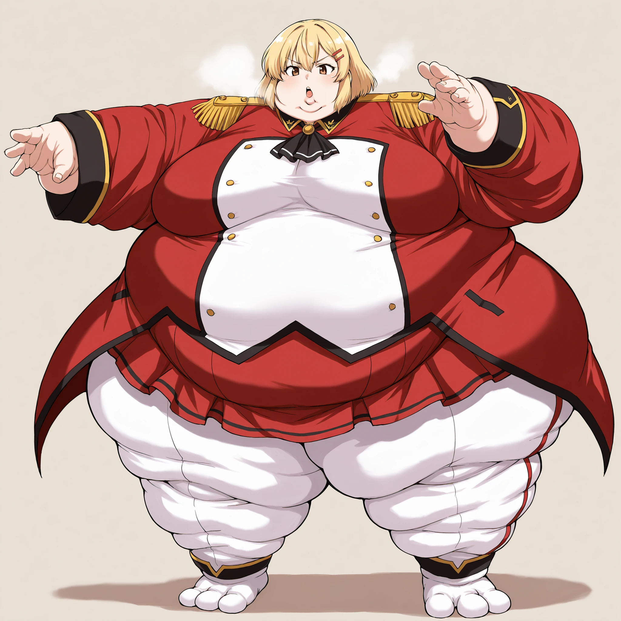 score_9, score_8_up, score_7_up, score_6_up, source_anime, 1girl, solo, liscia, blonde hair, short hair, brown eyes, hairclip, black ascot, red coat, epaulettes, long sleeves, military uniform, red skirt, white pants, fat, chubby, obese, fat neck, multiple chins, big breasts open mouth, out of breath, Larger female, full body shot, only head, large head, oversized limbs, large hands, large feet, oversized feet, oversized fingers, big lips, plump lips, fat face, fupa, big fupa, fat fupa,