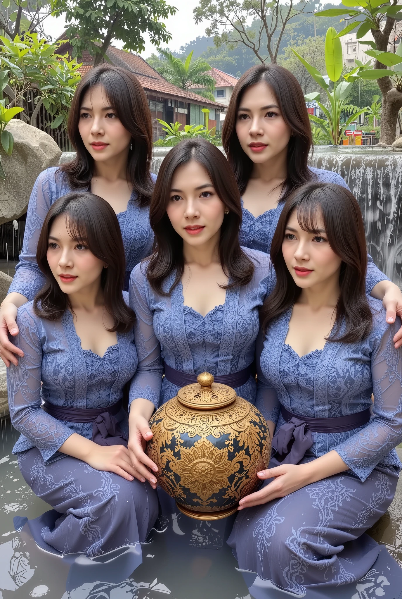 (Painting art closeup:1.2), detail impasto painting spatula art of five beauty lady-Aquarius big medium body white shinny skin holding a giant jar of the water , (5 beauty mature woman age 32 yo ) they are wearing blue kebaya likely waterfall dress, mix4,(8k, RAW photo, best quality, masterpiece:1.2), (realistic, photo-realistic:1.37),5woman , cute ,cityscape, night, rain, wet , nearly of the waterfall , professional lighting, photon mapping, radiosity, Physically-based rendering, gradient black medium hair with bang, short smooth silky straight hair with bangs, modeling, stylish, black ball eyes set, superb picture quality, high resolution, 1080p, (clear face), (detailed face description), (detailed hand description), (masterpiece), (exquisite CG), extreme light and shadow, smooth silky black hair, masterpiece, rich detail, (exquisite facial features), (highest image quality), (masterpiece), (detailed eyes), look forward to your eyes, delicate collarbone, kebaya_bali cozy room, relaxed pose, realistic, intricate details, warm colors, by Greg Rutkowski, by Alphonse Mucha